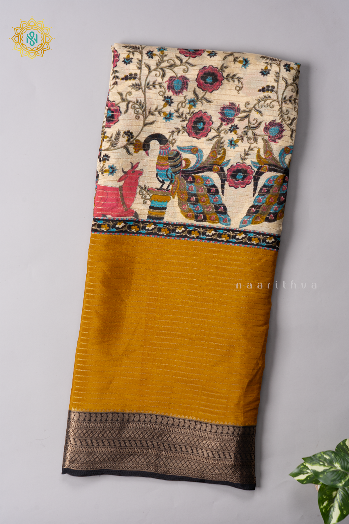 OFF WHITE WITH YELLOW & BLACK - SEMI GEORGETTE