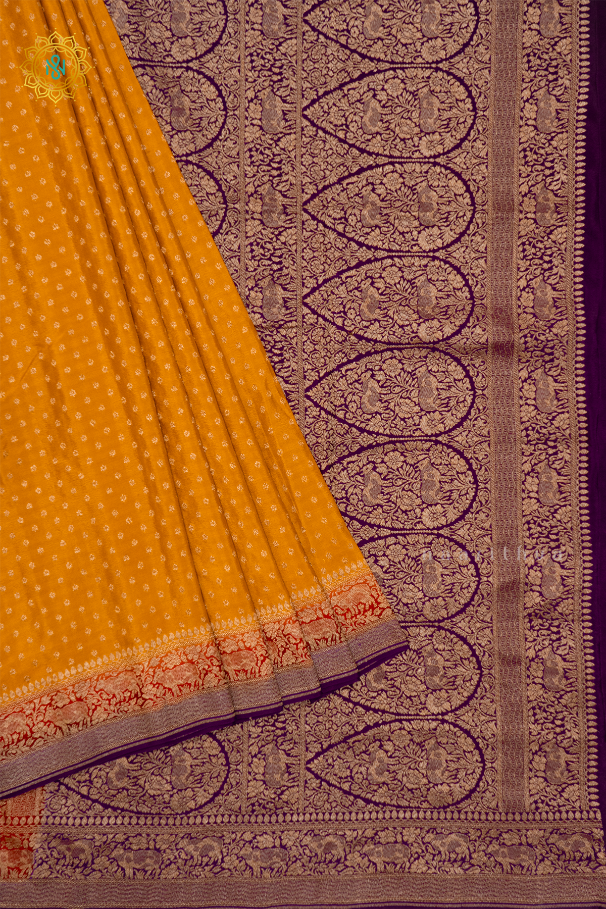 MANGO YELLOW WITH MAROON & WINE - PURE BANARASI CREPE SILK