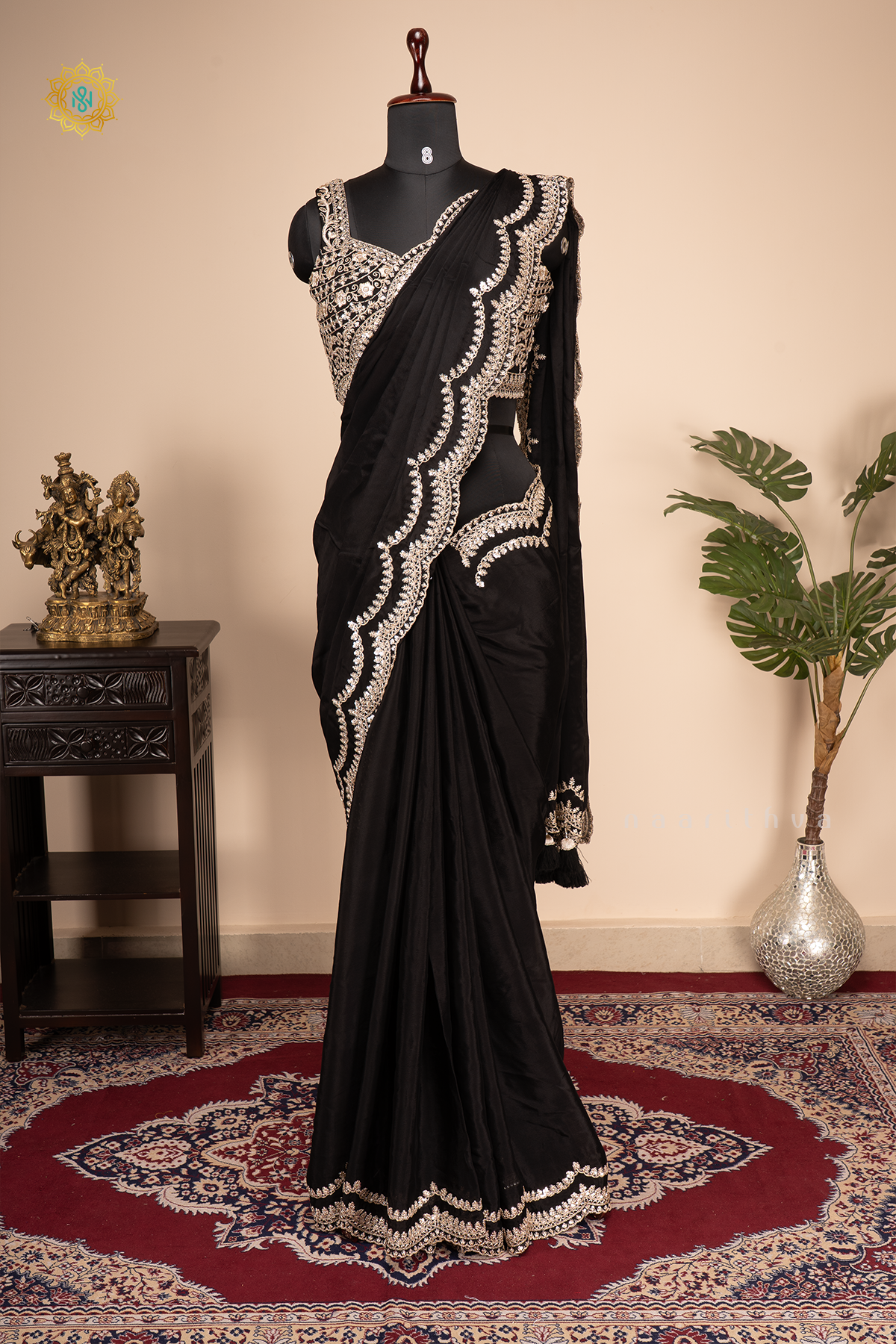 Black Chinnon Designer Wear Saree with Readymade Blouse