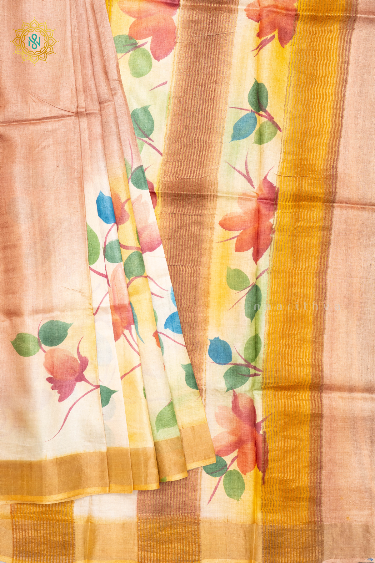 PEACH WITH MUSTARD - PURE TUSSAR SILK WITH HAND PAINTED
