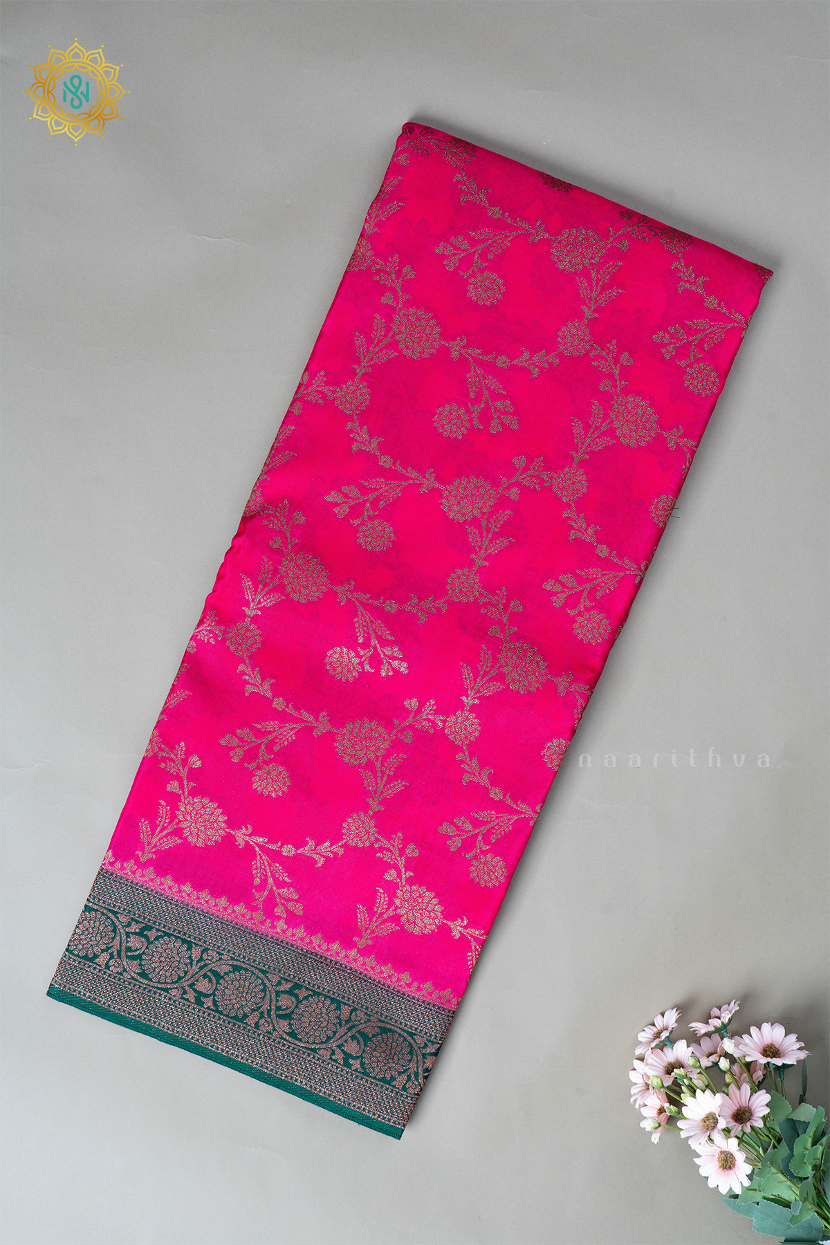 Semi Crepe Silk with Allover Woven Buttas and Contrast Scallop Zari Border,Pallu and Blouse