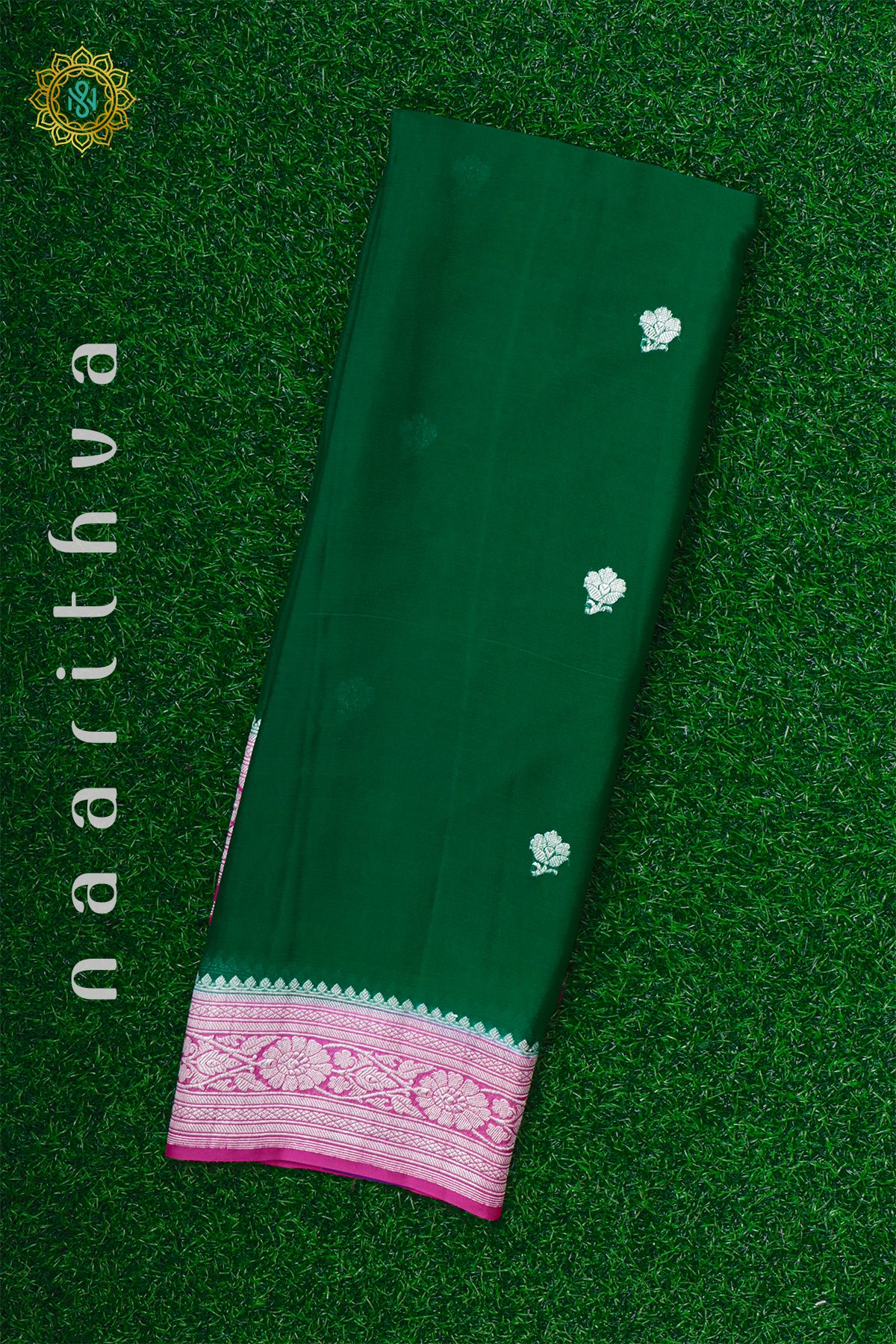 BOTTLE GREEN WITH PINK - PURE BANARASI CHIFFON