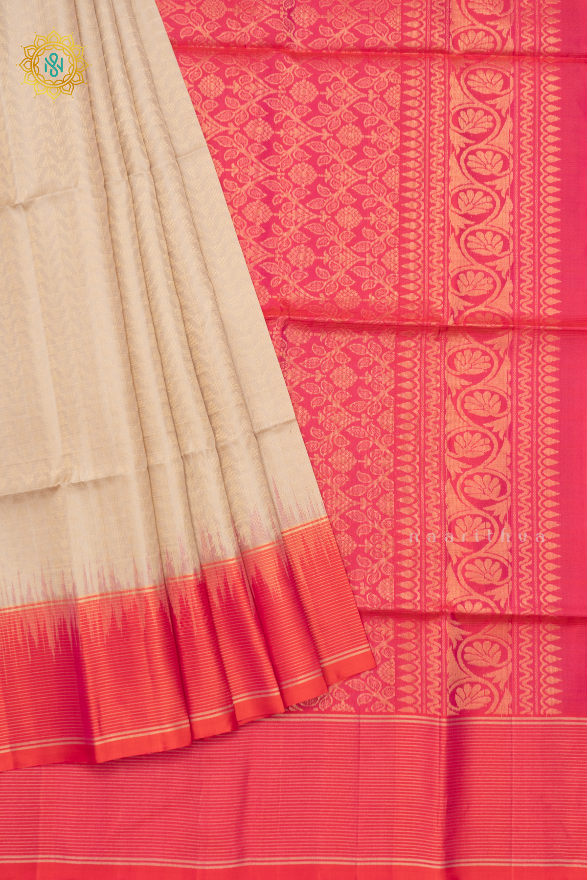 OFF WHITE WITH ORANGEISH PINK - PURE KANJIVARAM SOFT SILK