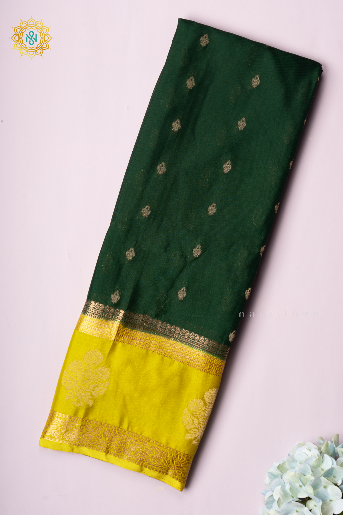 BOTTLE GREEN WITH LEMON YELLOW - SEMI MYSORE CREPE SILK
