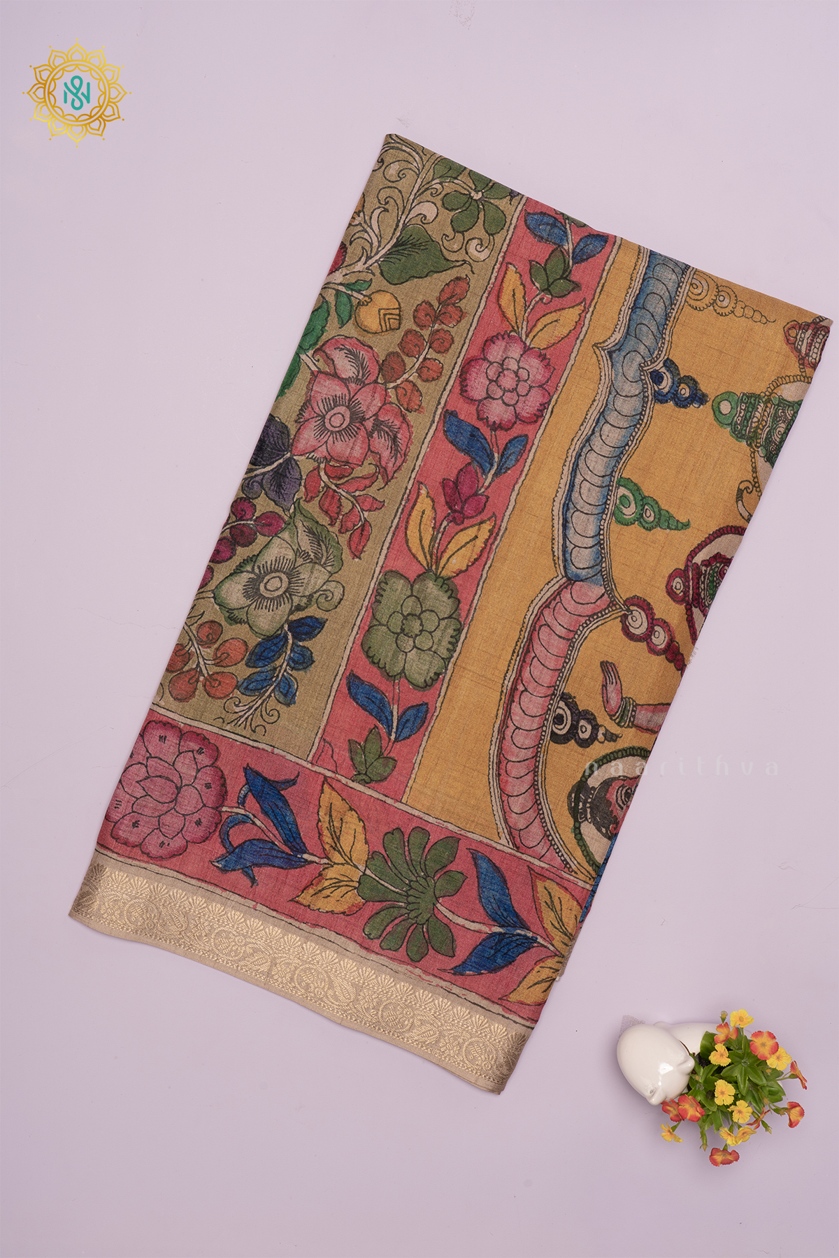 Yellow With Off White Linen Tussar Saree With Printed Body