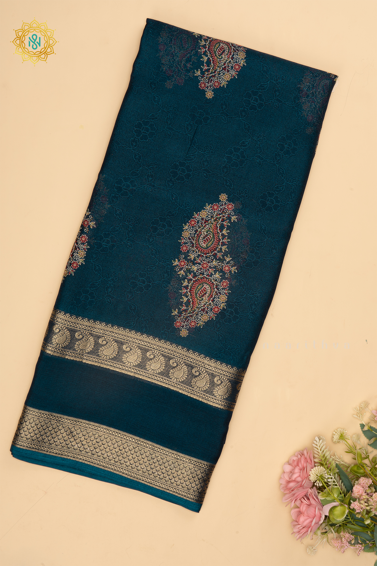 PEACOCK BLUE - SEMI GEORGETTE SAREE WITH PRINTED BODY AND ZARI GAP BORDER