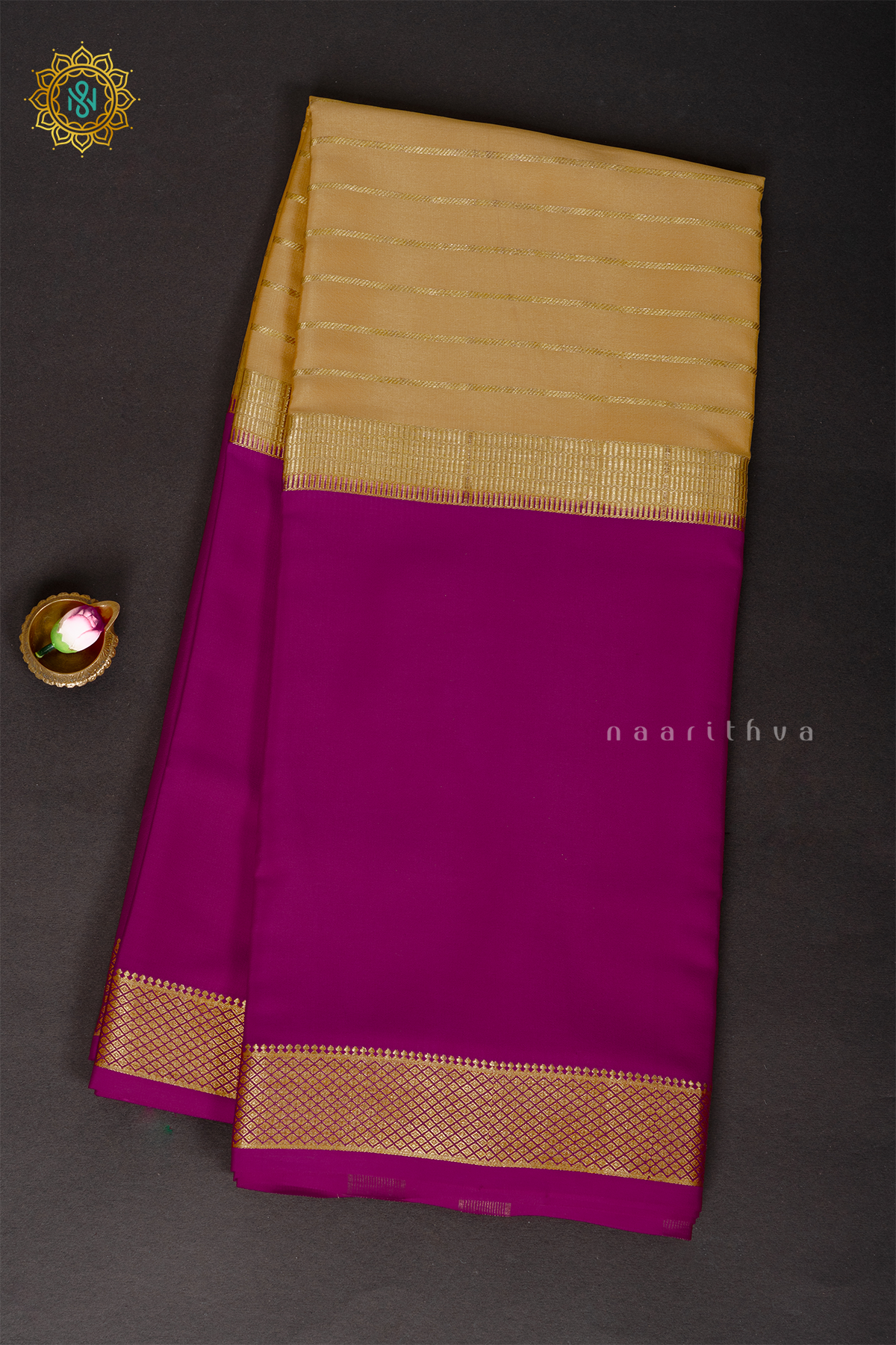 CREAM WITH PINK - PURE MYSORE CREPE SILK