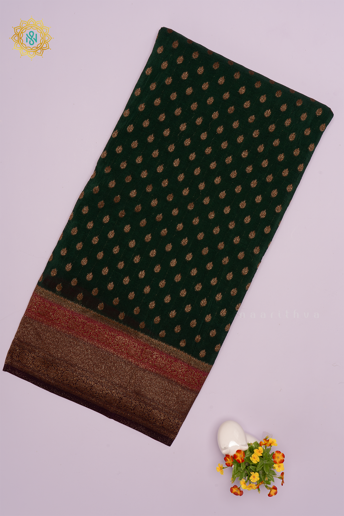 BOTTLE GREEN WITH PINK AND PURPLE - SEMI CREPE SILK