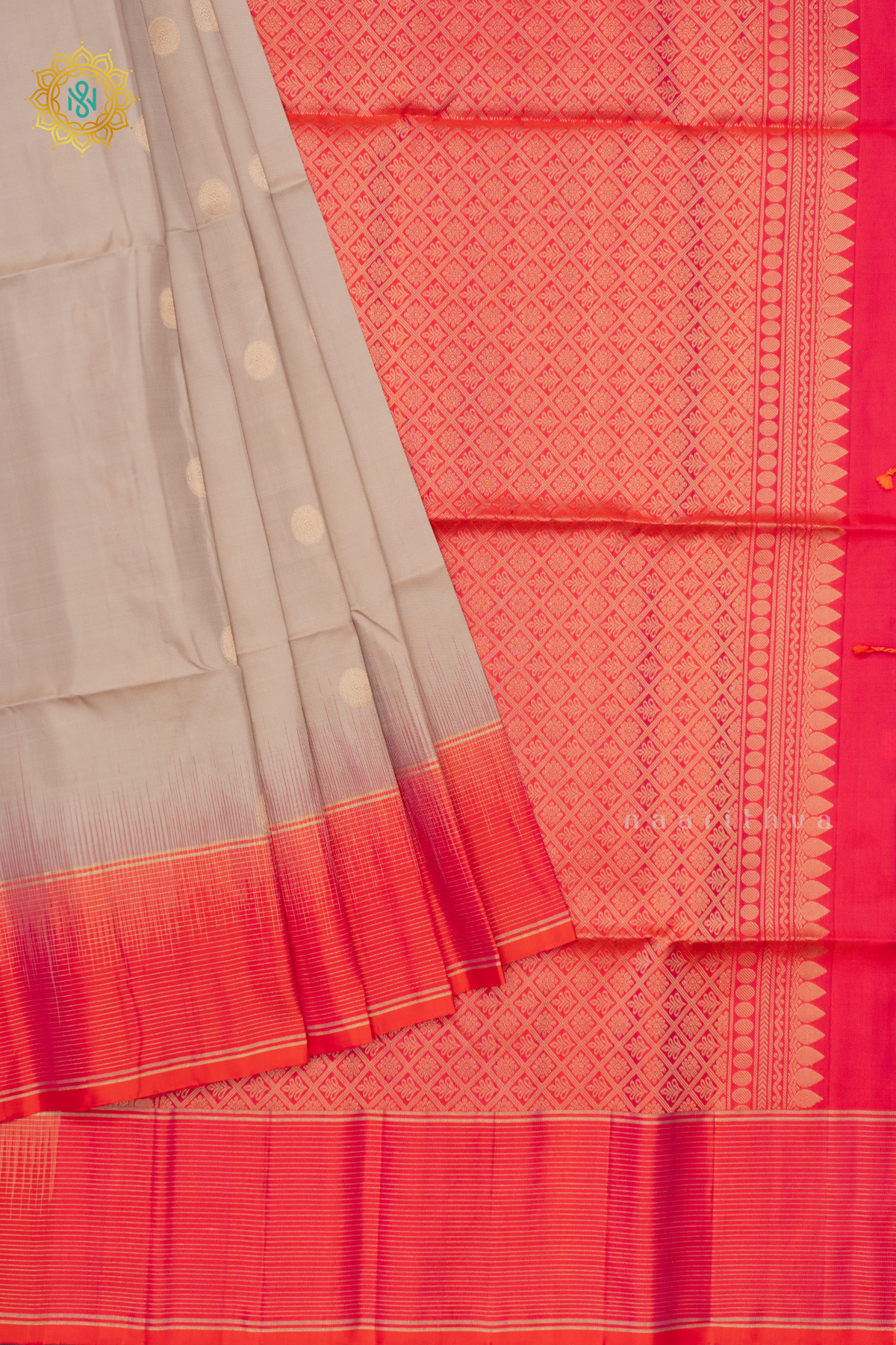 OFF WHITE WITH PINKISH ORANGE - PURE KANJIVARAM SOFT SILK