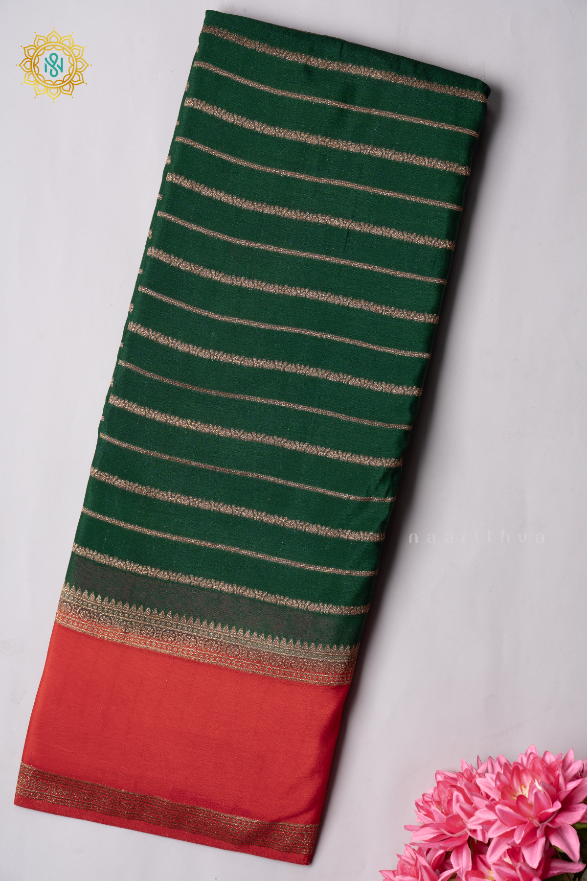 BOTTLE GREEN WITH RED - SEMI CREPE GEORGETTE