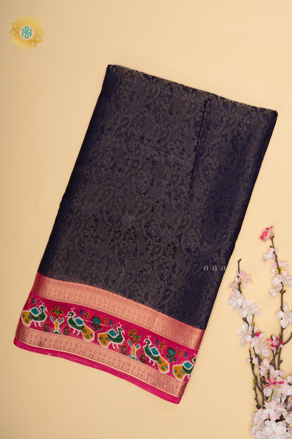 Navy Blue With Pink Dola Silk Saree With Zari Woven Body And Printed Zari Border