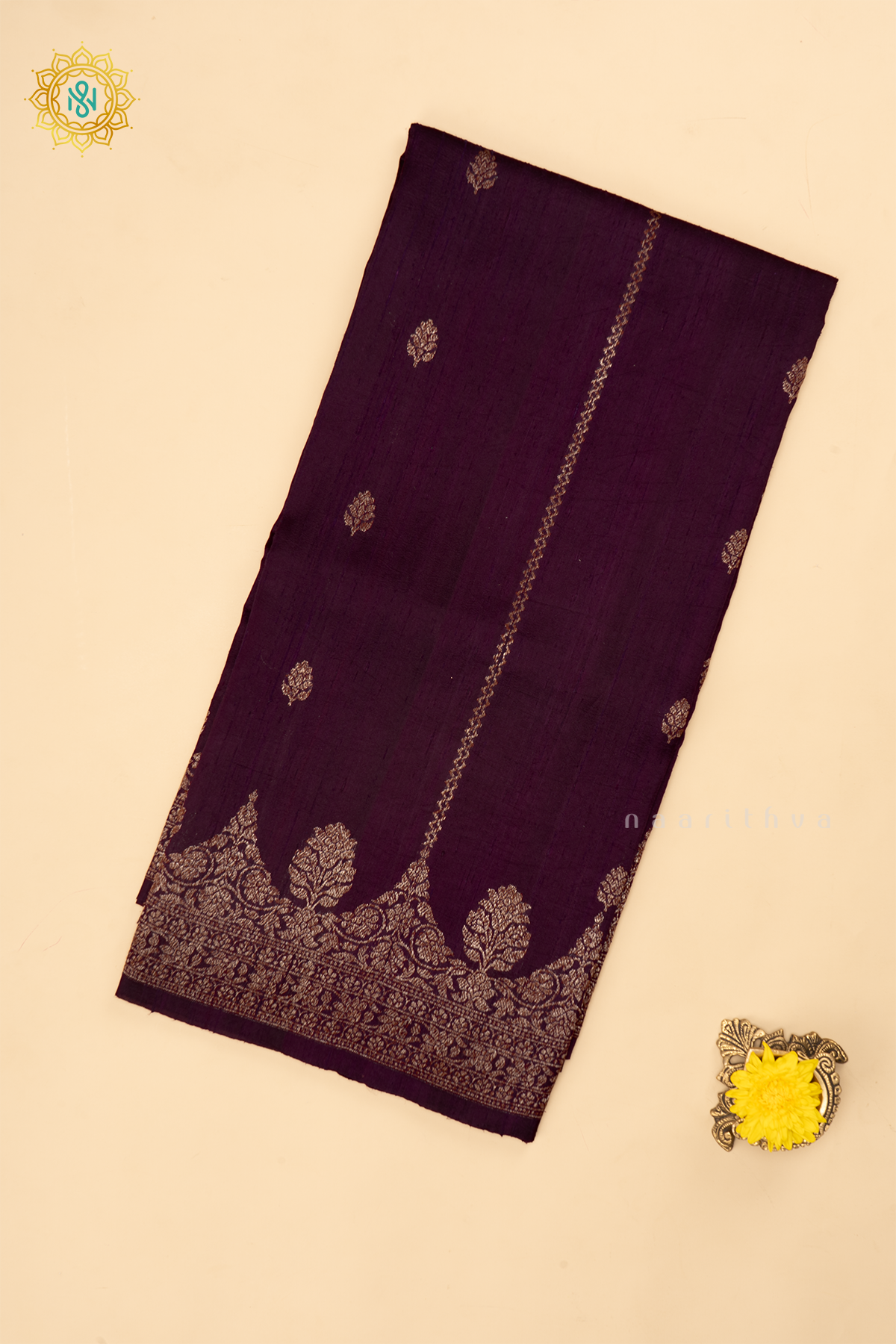 WINE - PURE BANARASI RAW SILK SAREE WITH ALLOVER ZARI WOVEN BUTTAS AND SCALLOP BORDER