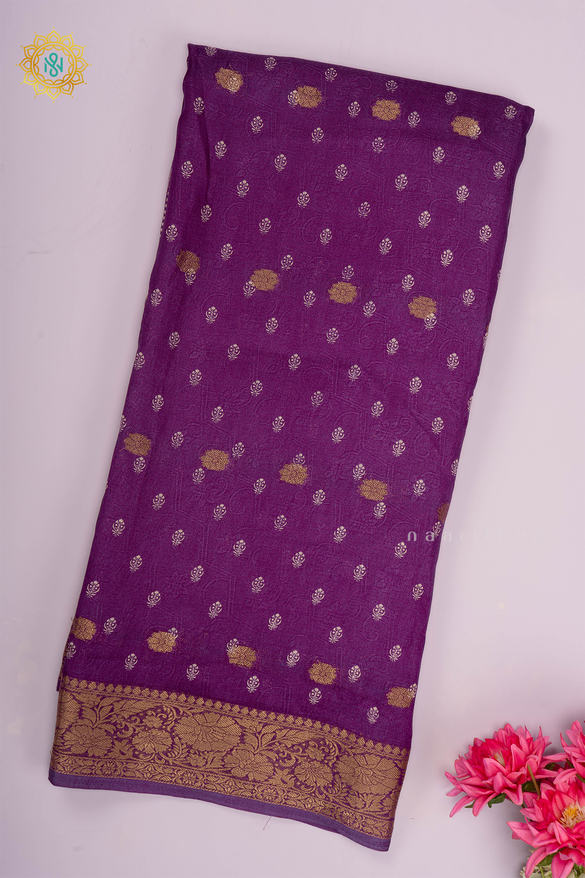 Light Purple Semi Georgette Saree With Zari Buttas & Printed Body With Zari Border