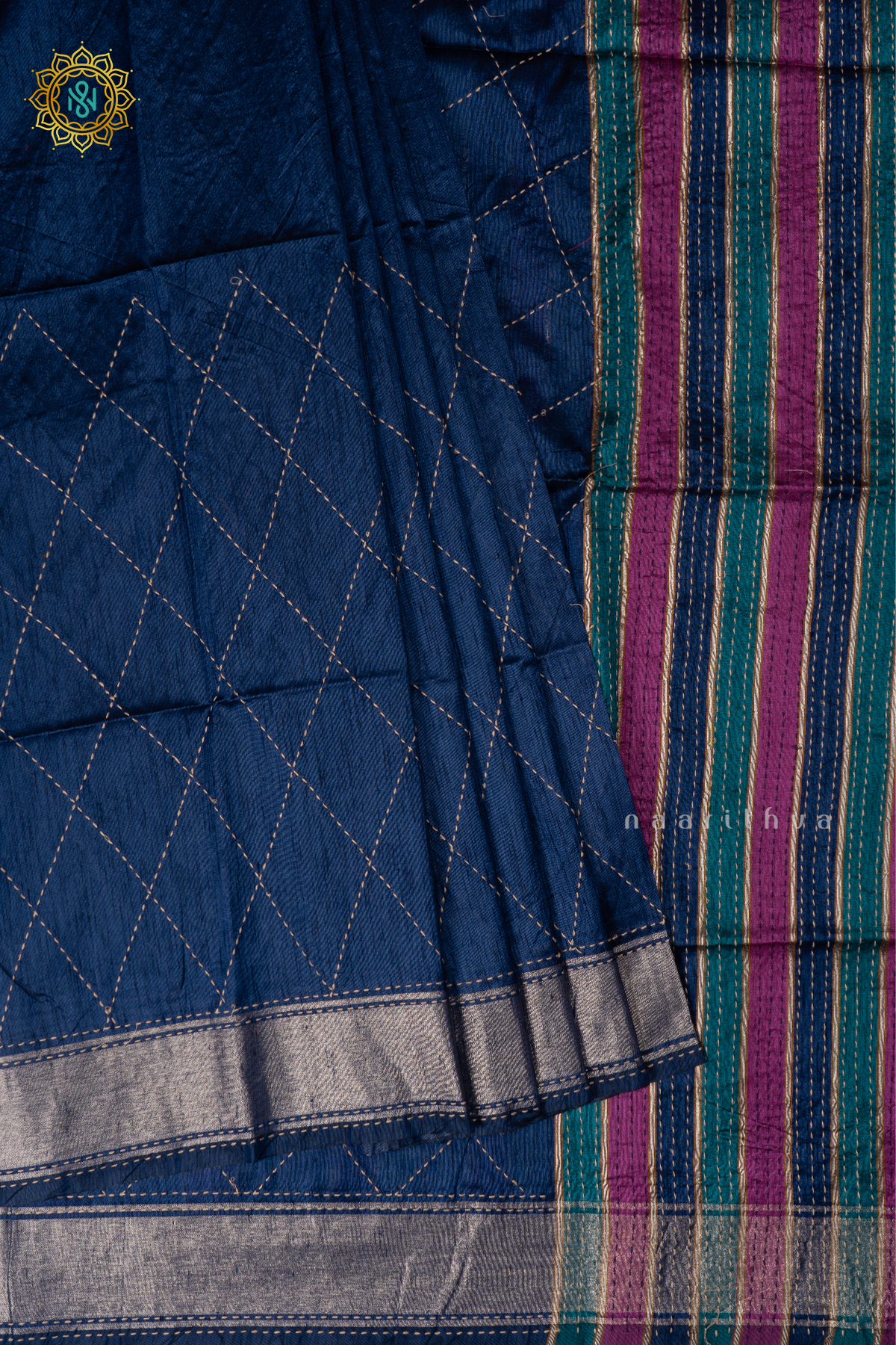 Blue Semi Tussar Silk Sarree With Rangkat Pallu & Blouse