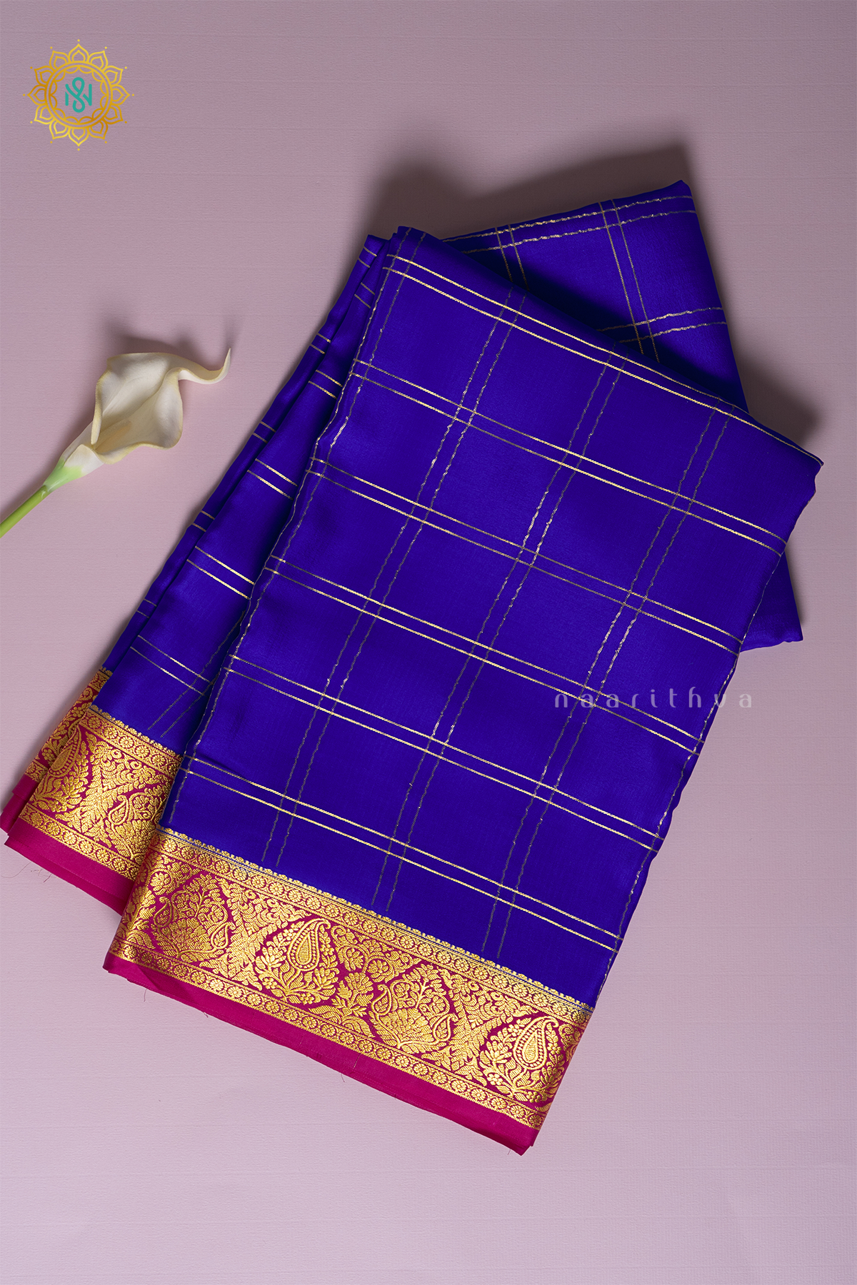 ROYAL BLUE WITH PINK - PURE MYSORE CREPE SILK