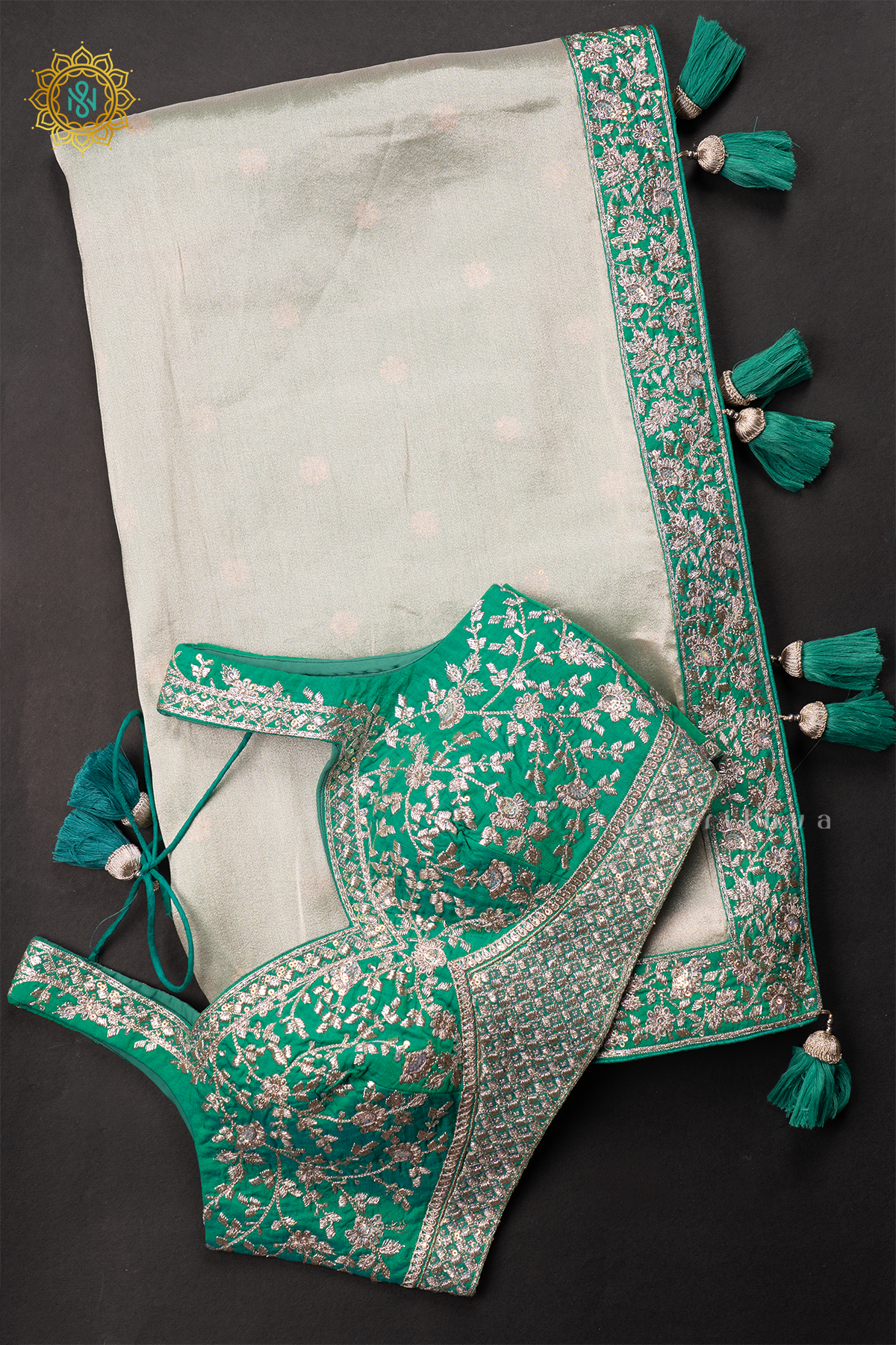 WHITE WITH GREEN - TISSUE PARTY WEAR SAREE WITH READYMADE BLOUSE