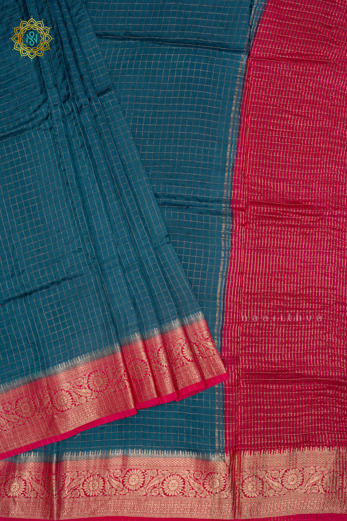 Peacock Blue With Pink - Semi Crepe Silk Saree