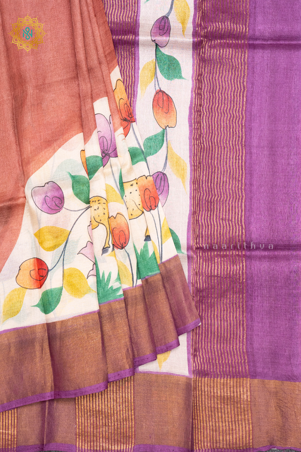 PEACH WITH MAGENTA - PURE TUSSAR SILK WITH HAND PAINTED