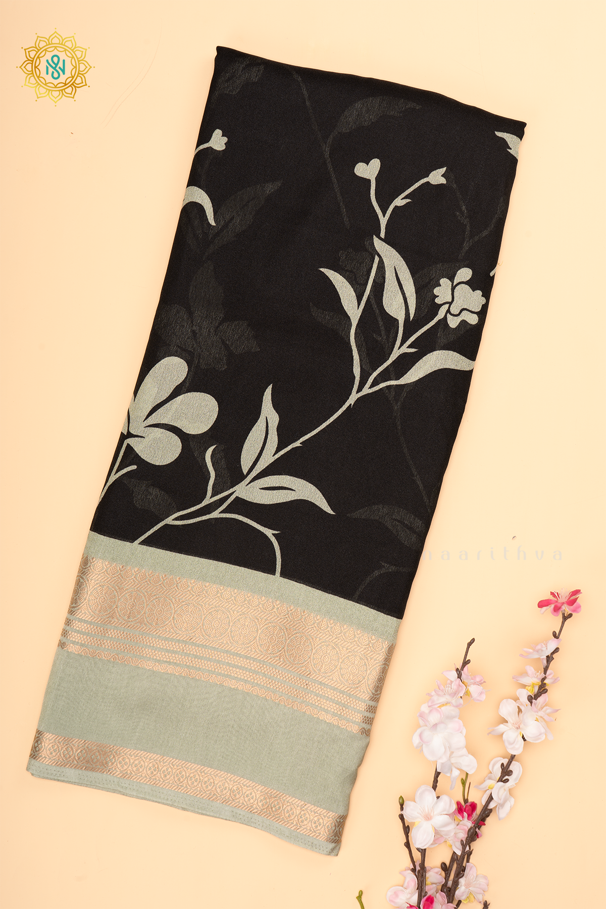 BLACK WITH SAGE GREEN - SEMI GEORGETTE