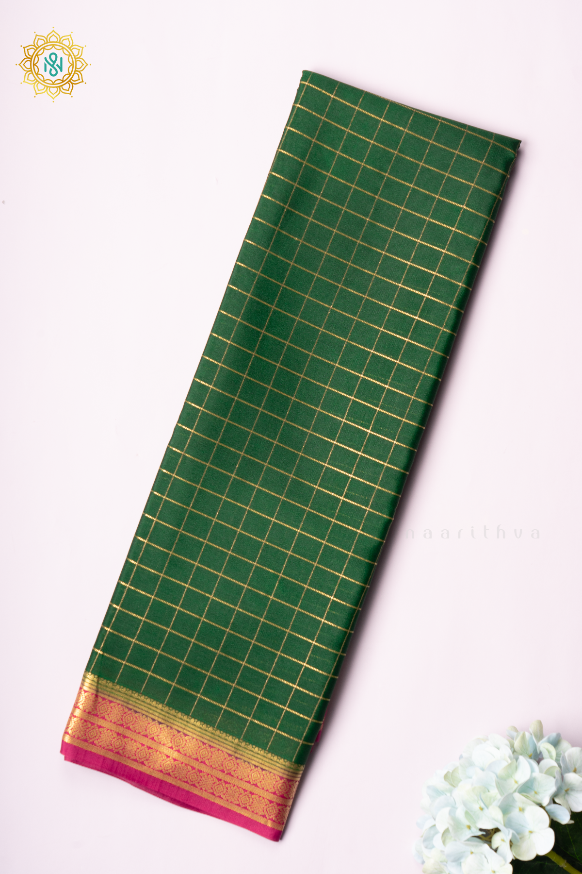 BOTTLE GREEN WITH PINK - PURE MYSORE CREPE SILK