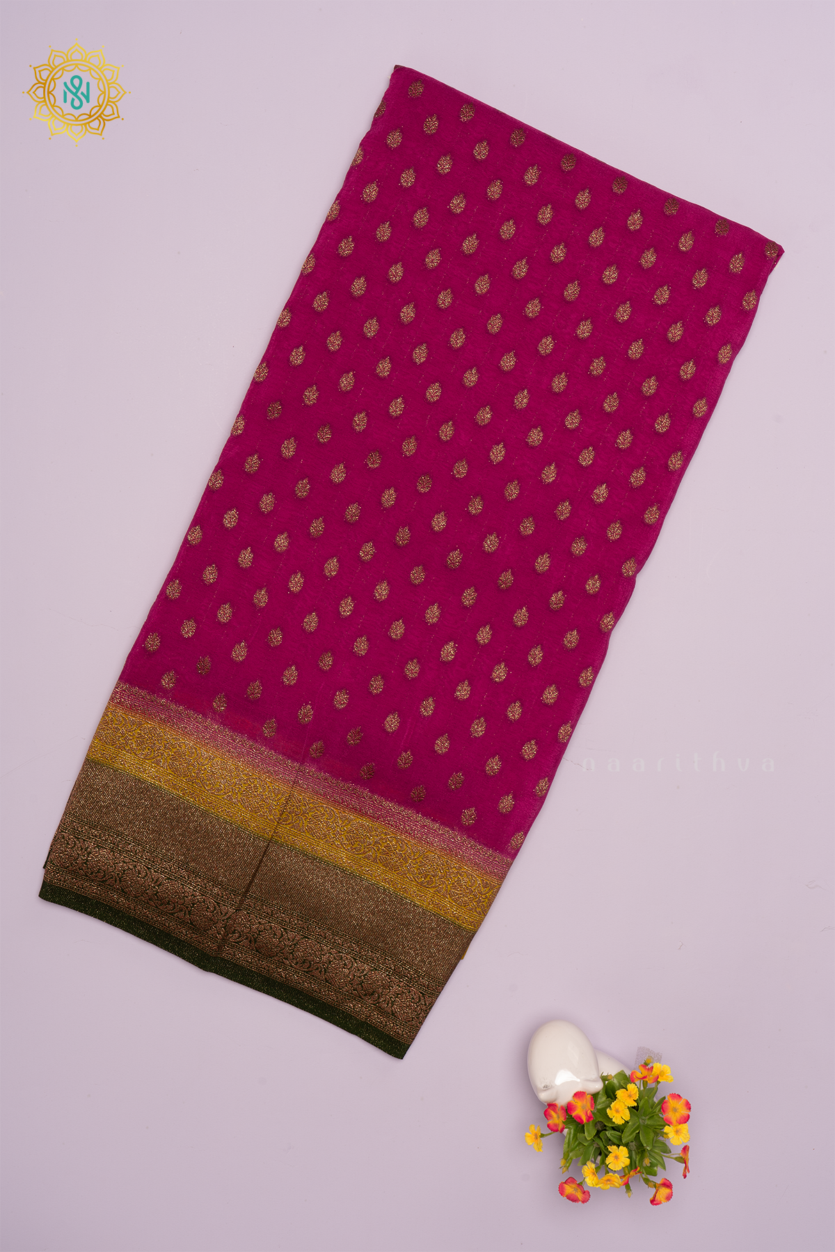 Pink With Yellow And Green - Semi Crepe Silk