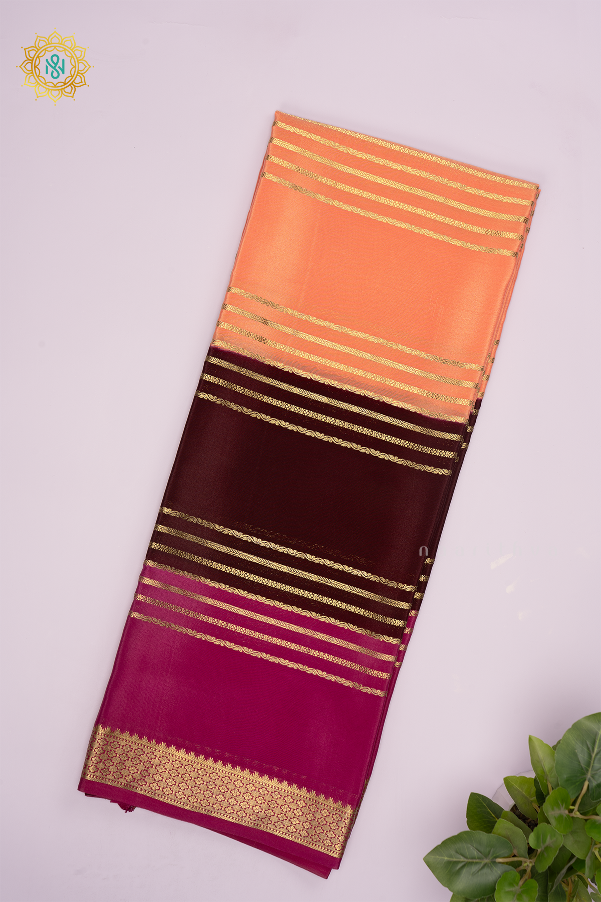 PEACH WITH BROWN AND MAGENTA - PURE MYSORE CREPE SILK