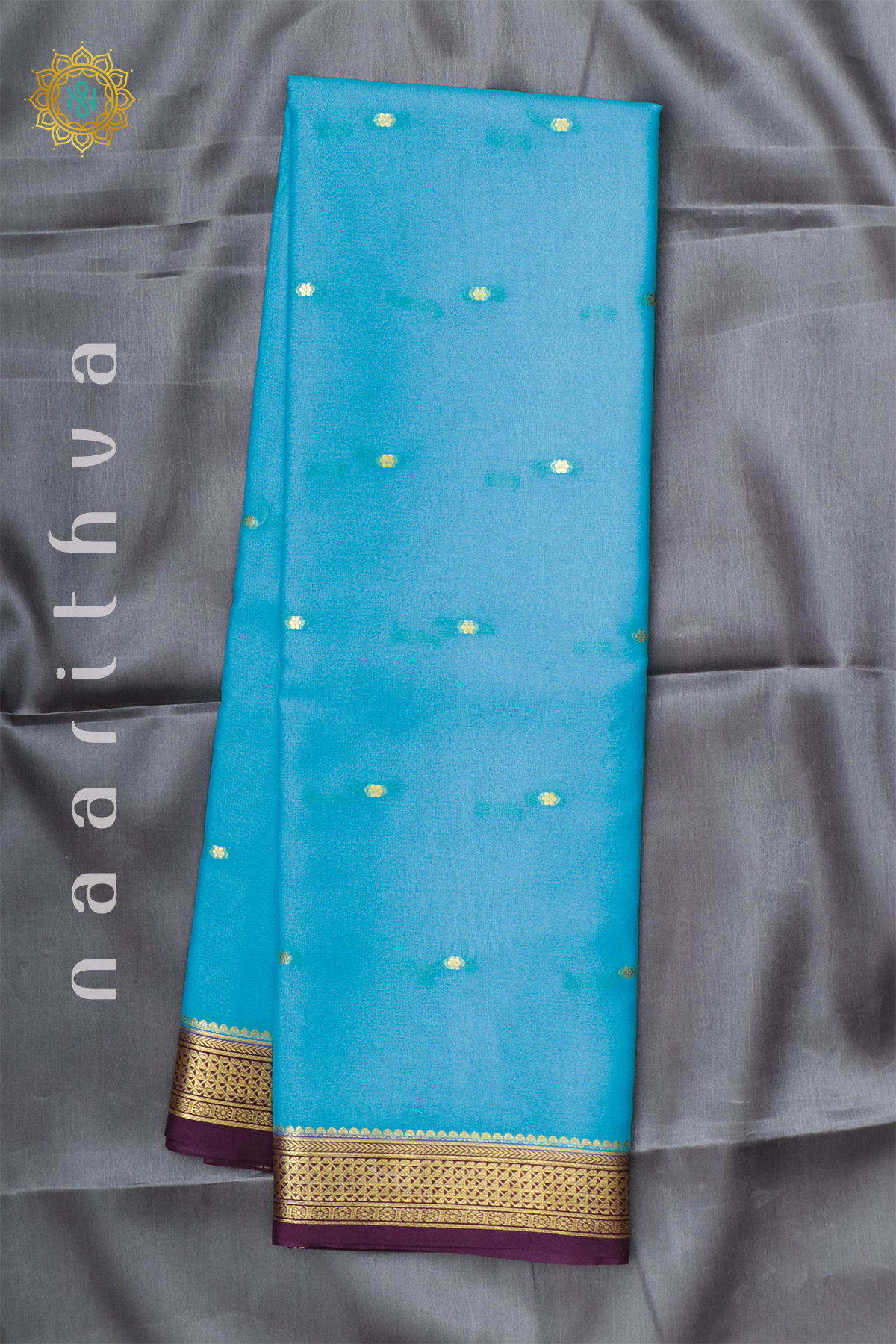 SKY BLUE WITH DEEP WINE - PURE MYSORE CREPE SILK