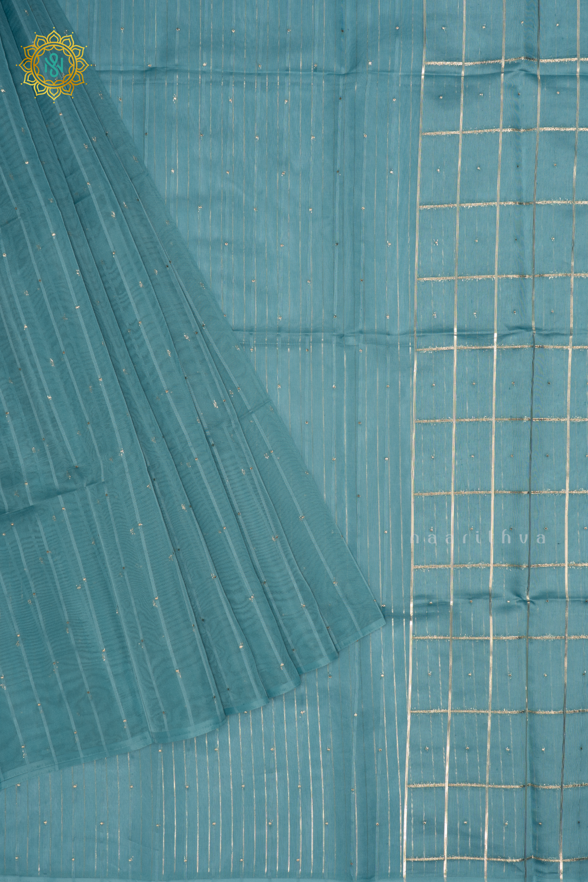 Sky Blue Organza Saree With Zari Buttas And Stripes With Checks On Pallu And Blouse