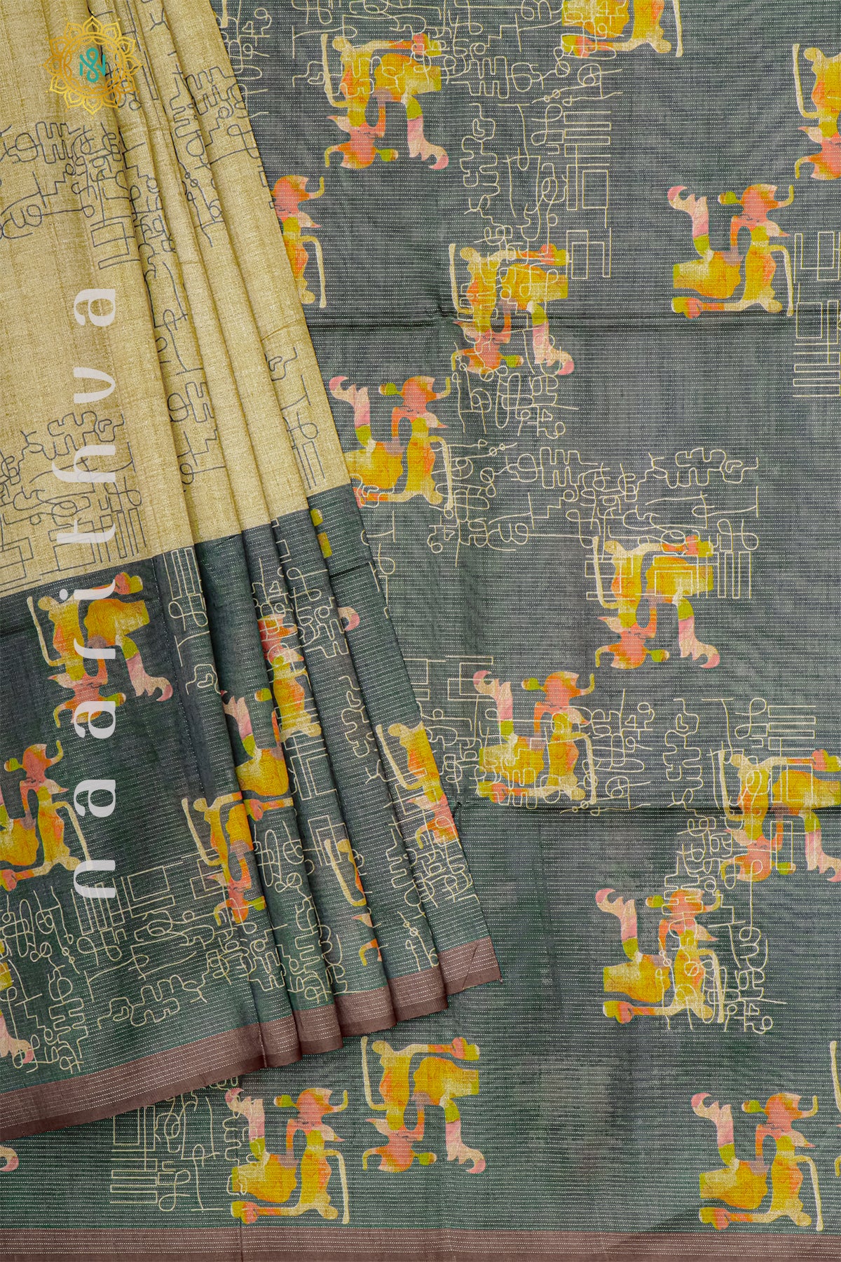 GREEN WITH BROWN - SEMI TUSSAR SILK