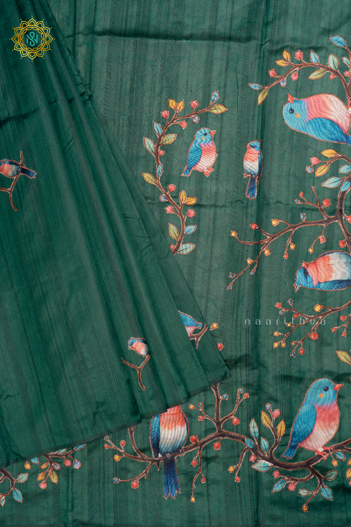 BOTTLE GREEN - SEMI TUSSAR SILK SAREE WITH APPLIQUE WORK AND DUAL BLOUSE
