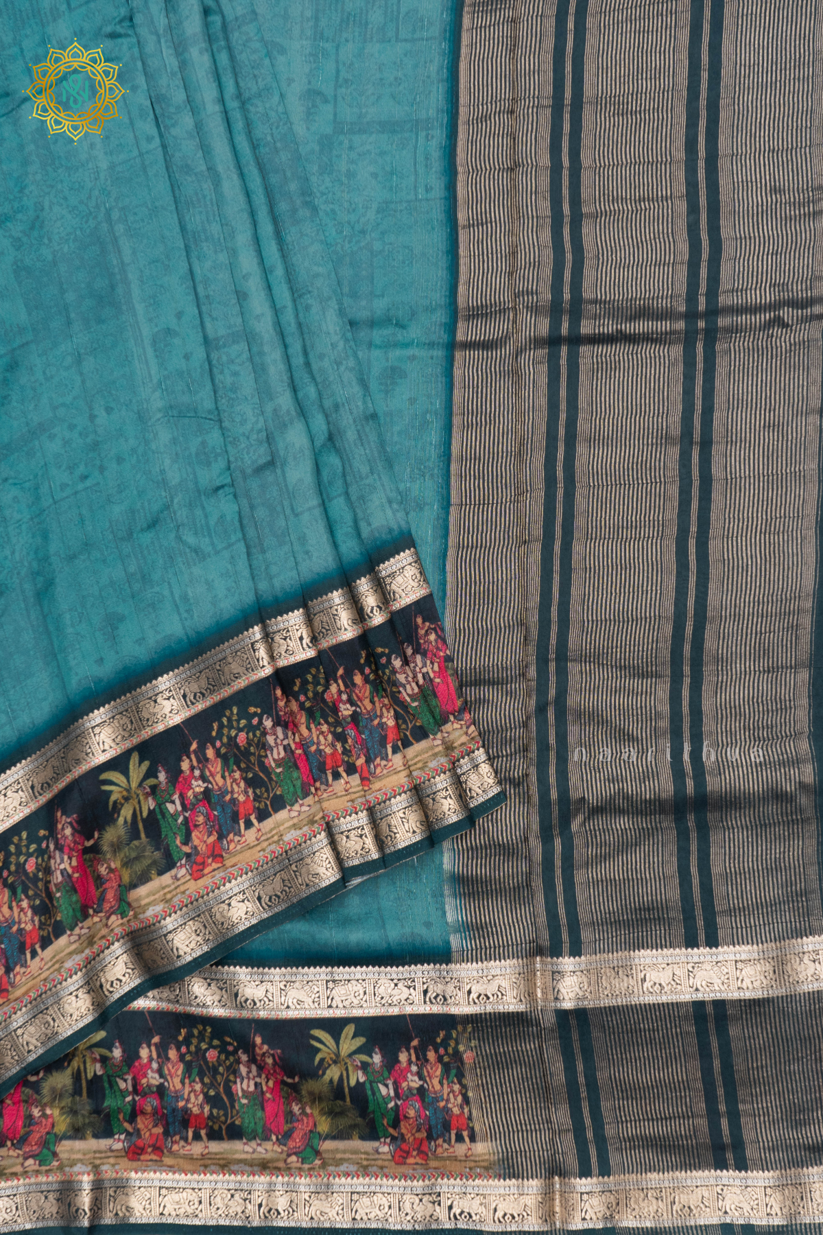 AQUA BLUE WITH PEACOCK GREEN - SEMI CREPE SILK