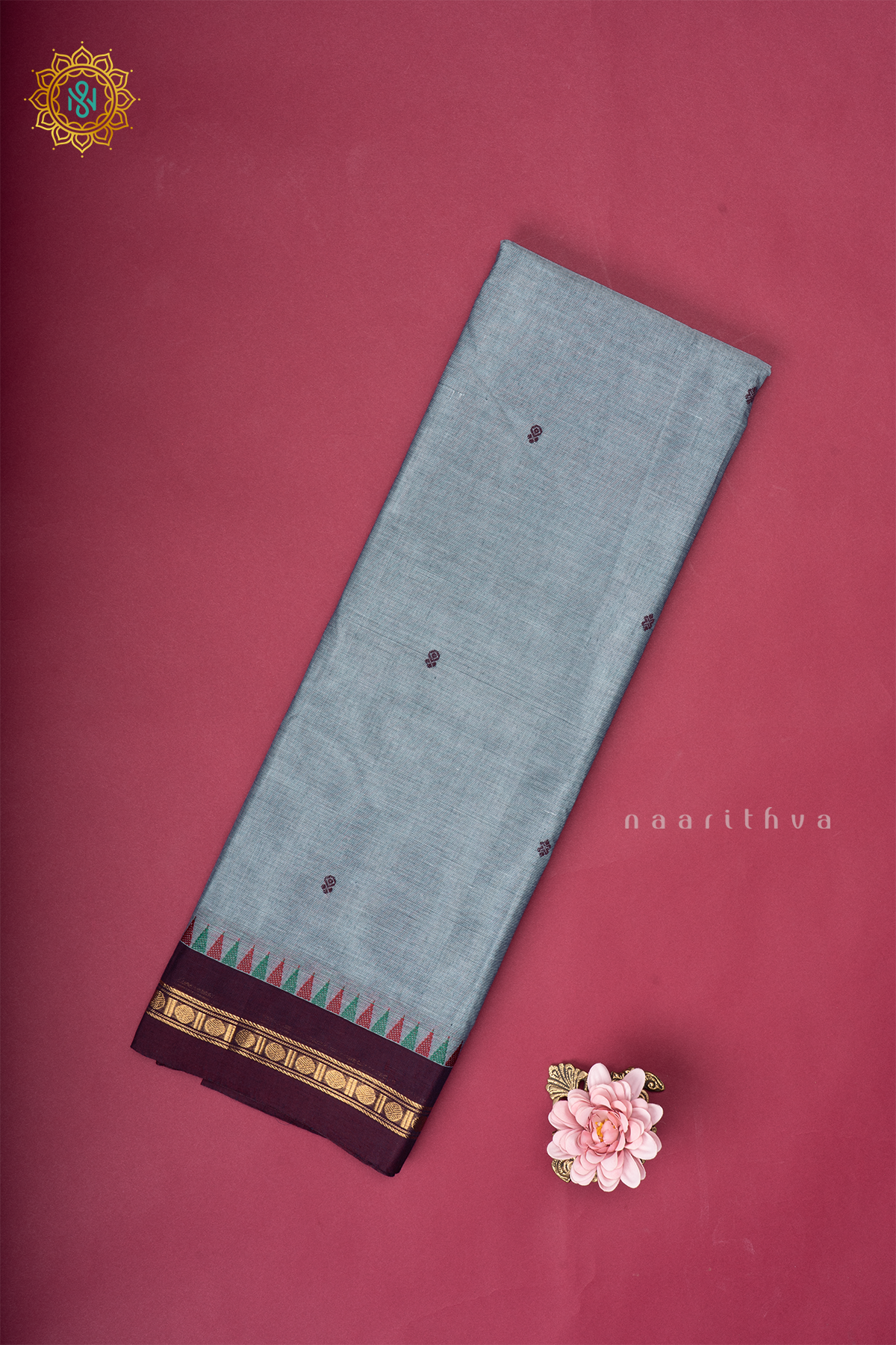 Grey With Deep Wine Chettinad Cotton Saree With Thread Woven Buttas & Contrast Border