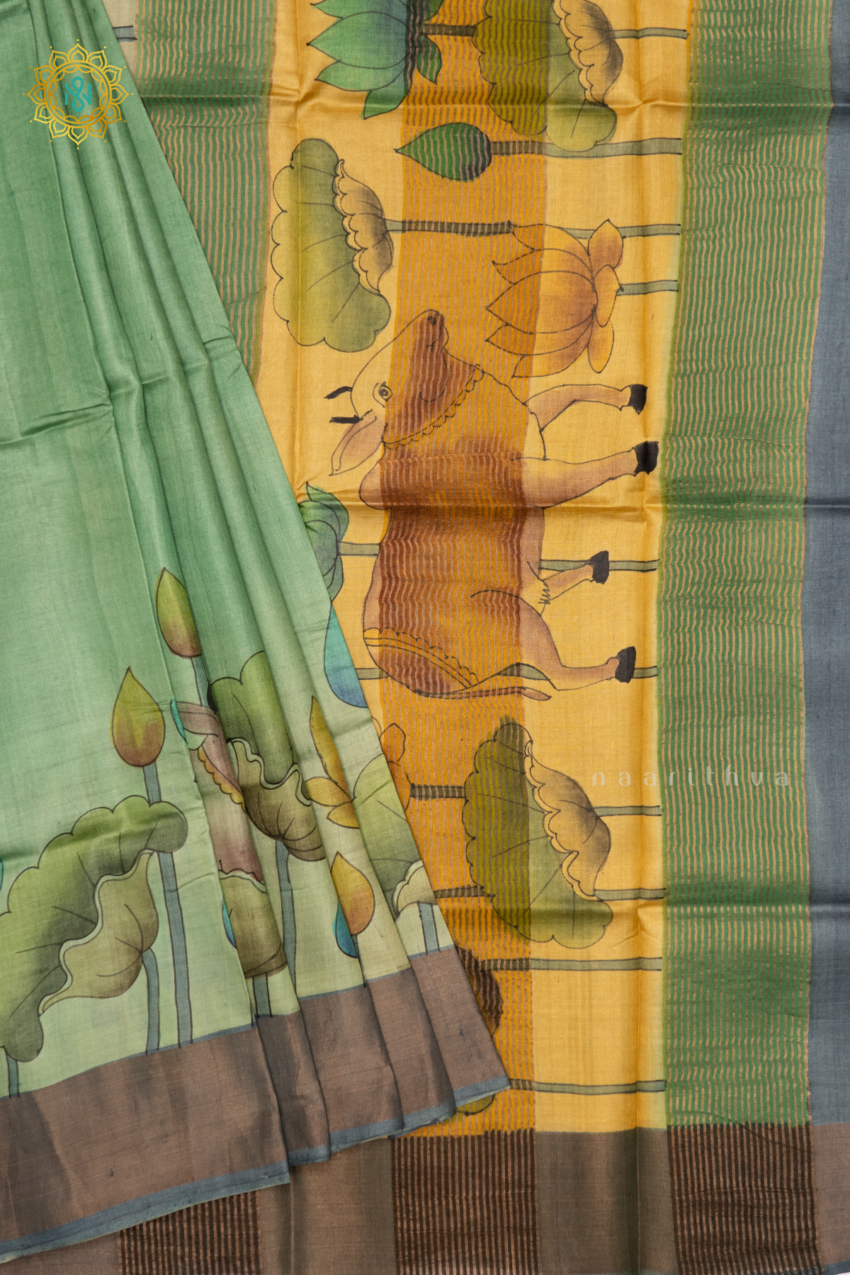 GREEN WITH GREY - PURE TUSSAR SILK