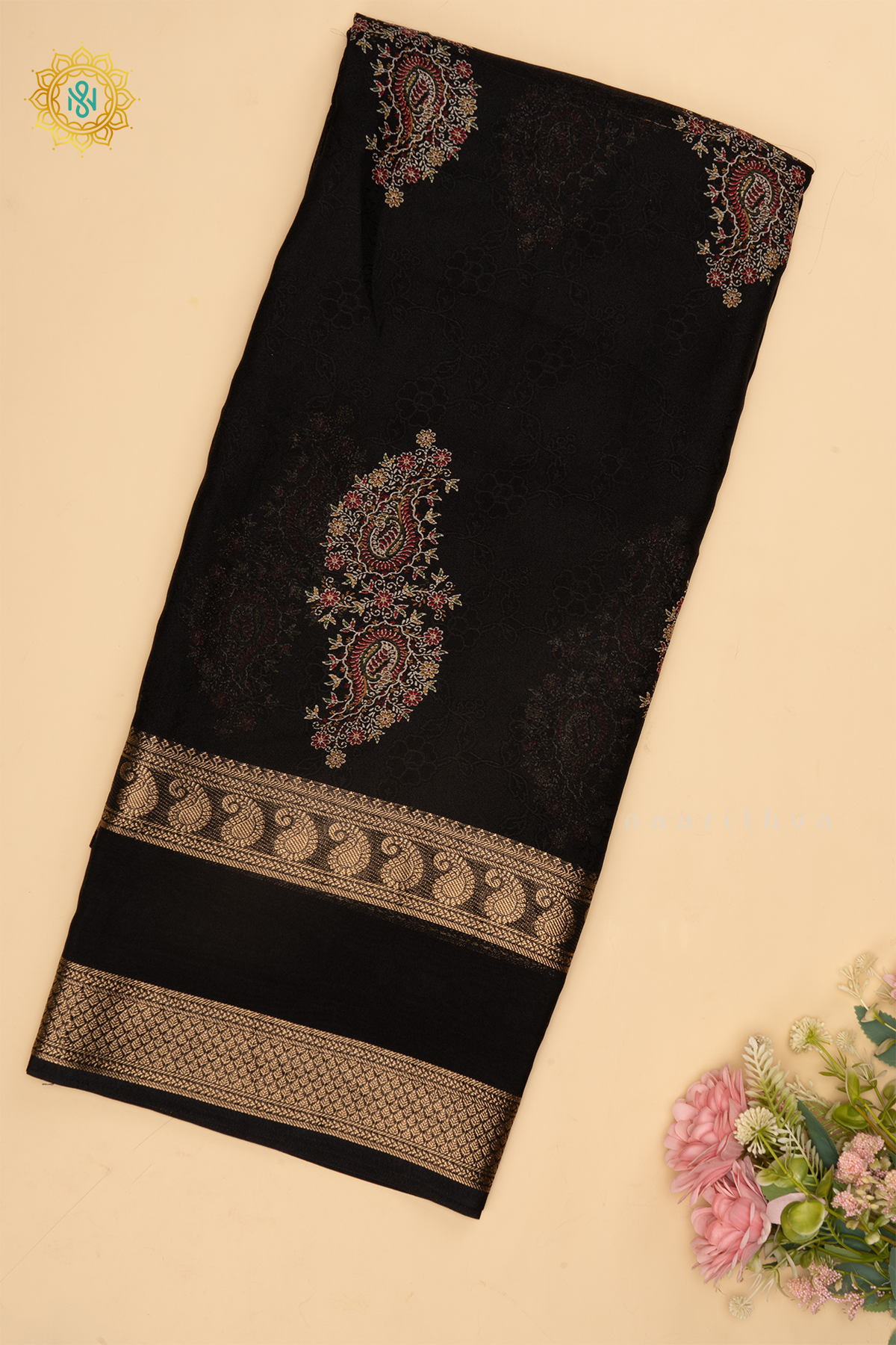 BLACK - SEMI GEORGETTE SAREE WITH PRINTED BODY AND ZARI GAP BORDER