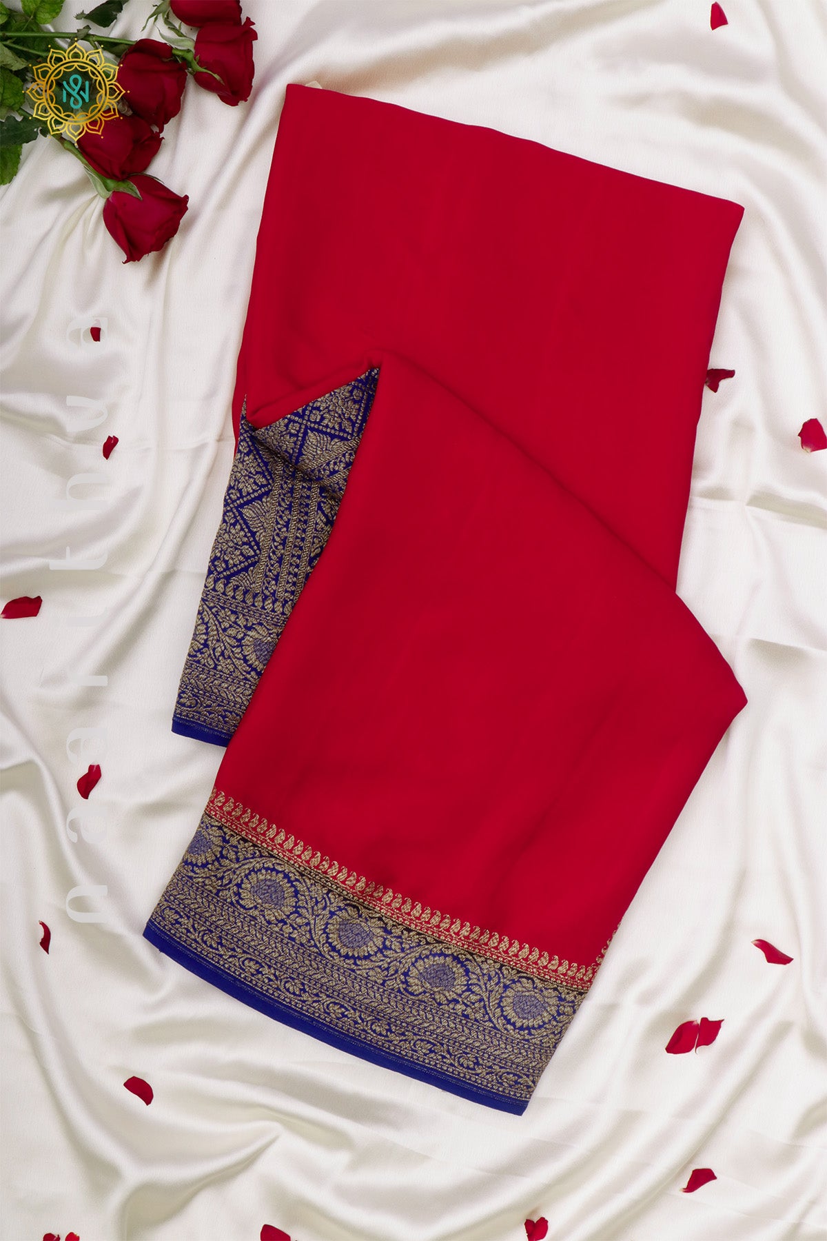 RED WITH BLUE - PURE BANARASI CREPE SILK