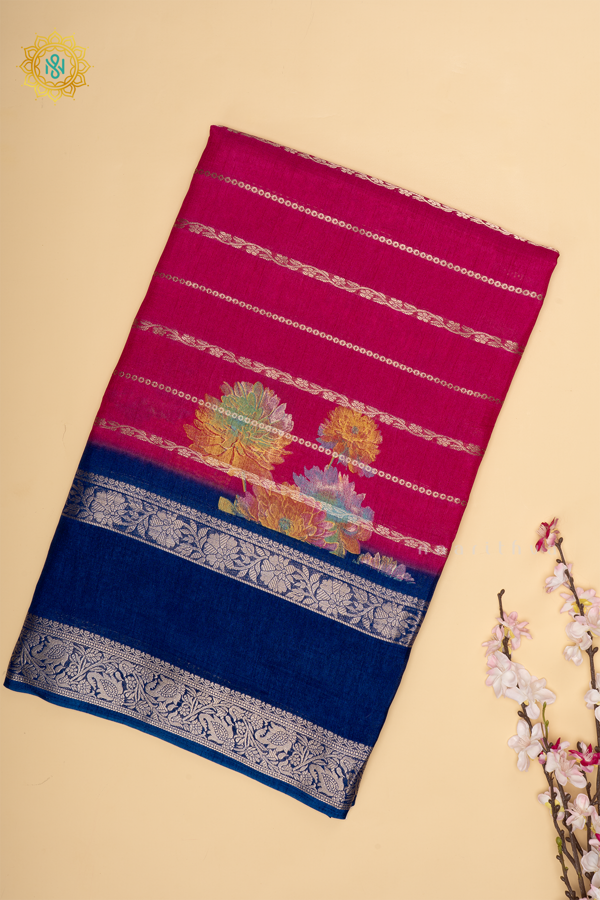 Pink With Navy Blue Dola Silk Saree Allover Printed Buttas And Zari Stripes With Contrast Zari Gap Border