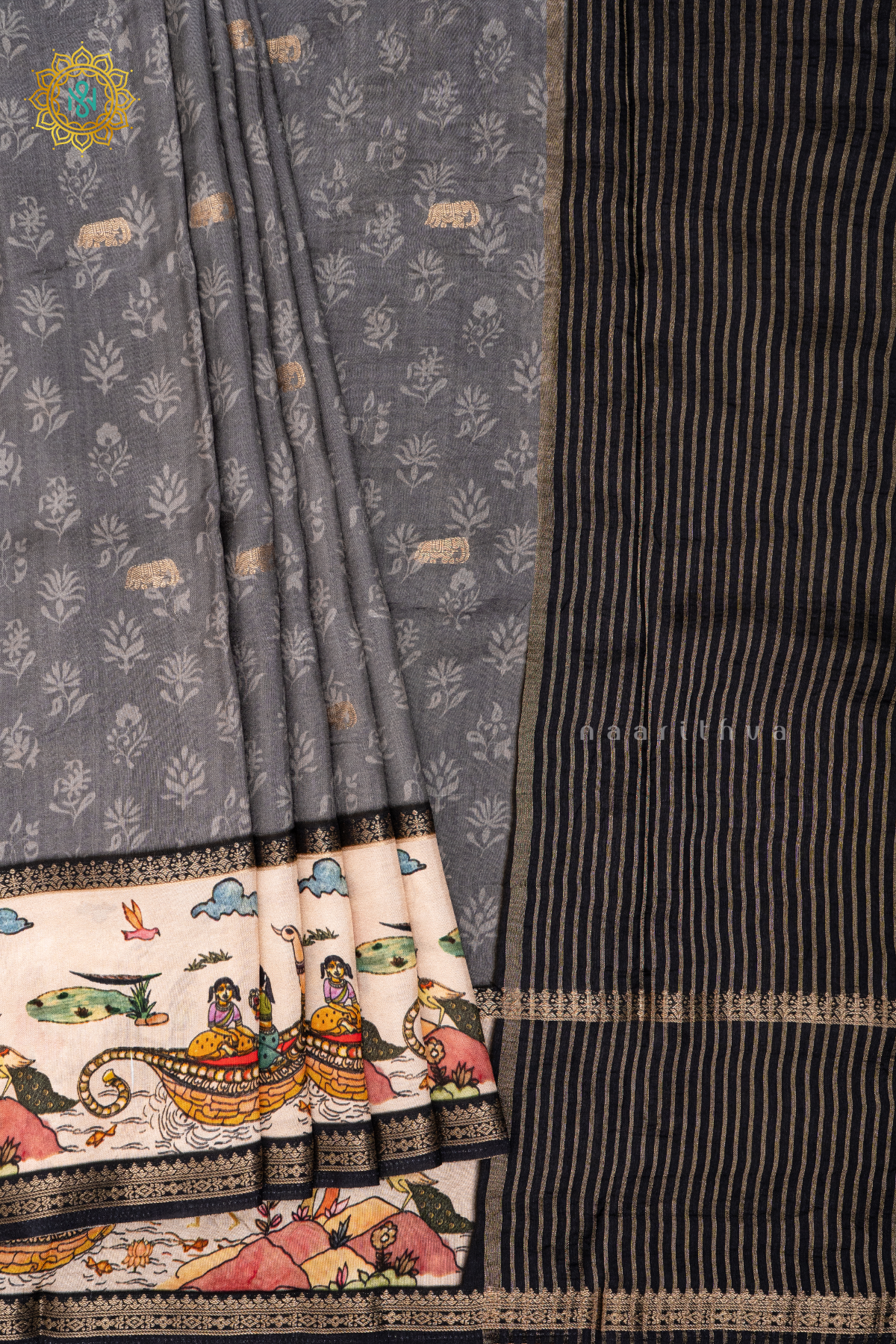 GREY WITH BLACK - SEMI CREPE SILK