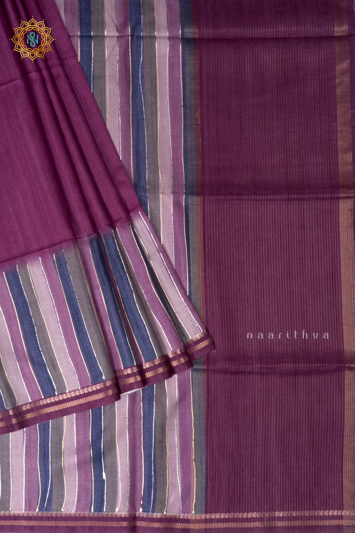 Wine Semi Tussar Silk Saree With Vertical Stripes & Contrast Pallu