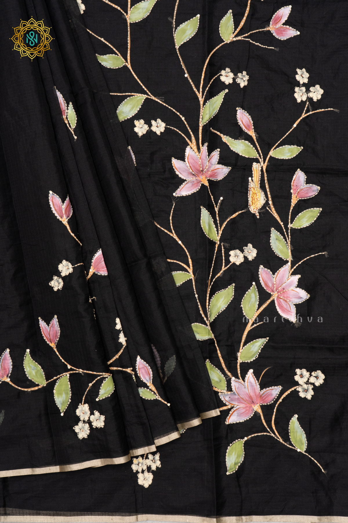 BLACK - HAND PAINTED ORGANZA WITH KATH WORK