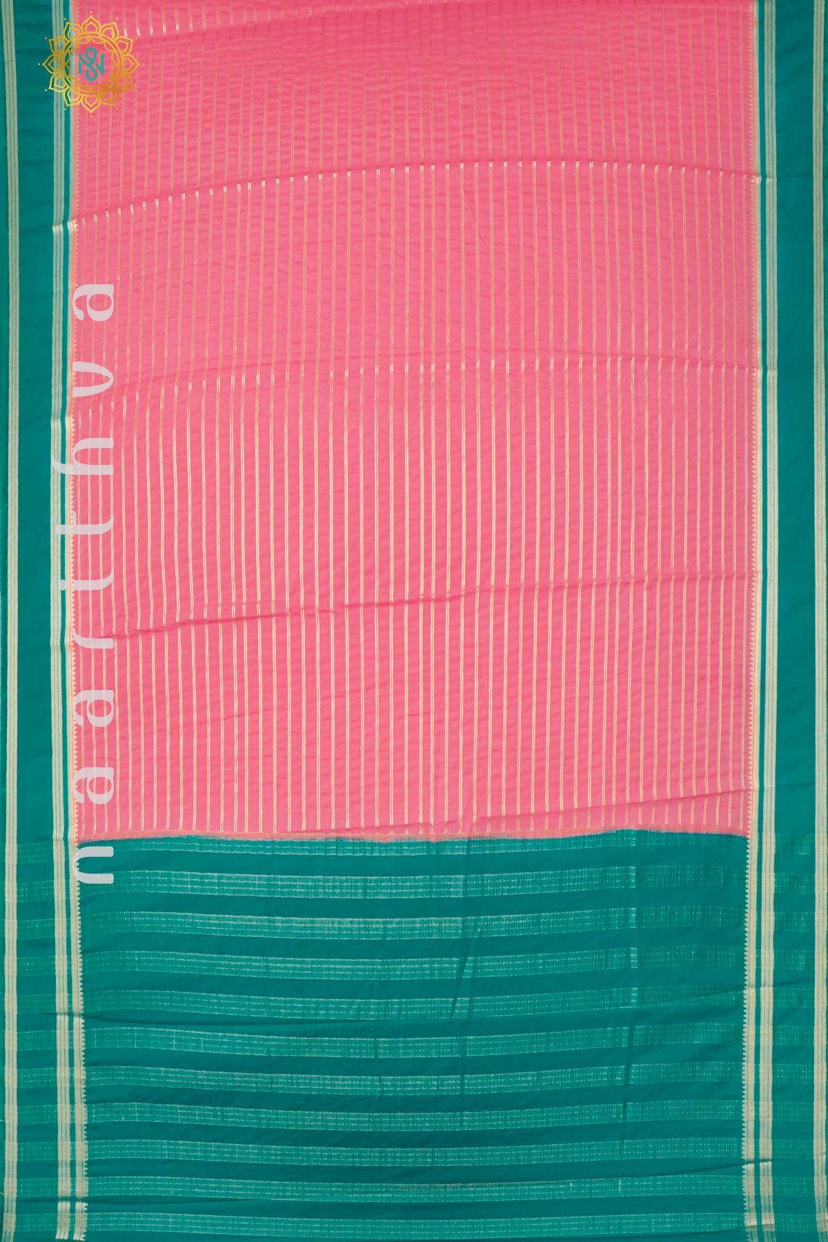 PEACHISH PINK WITH CYAN GREEN - SEMI MYSORE CREPE SILK