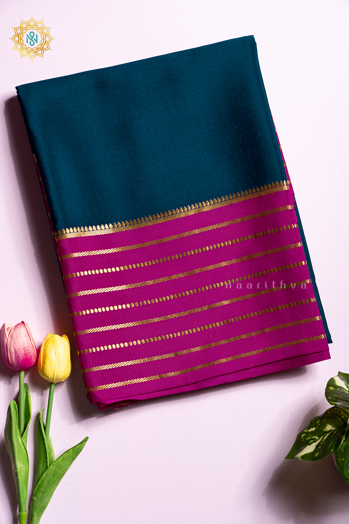 PEACOCK BLUE WITH PINK - PURE MYSORE CREPE SILK