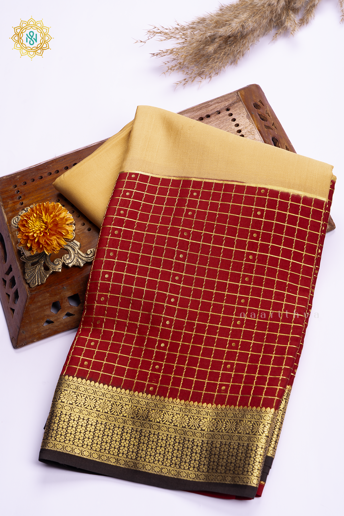 LIGHT BISCUIT WITH MAROON & BLACK - PURE MYSORE CREPE SILK