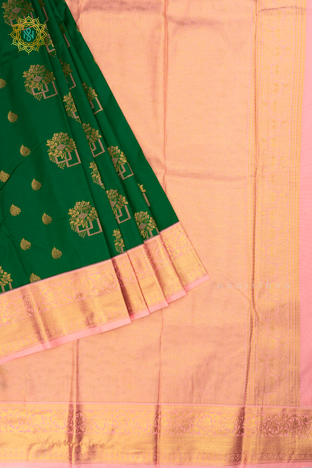 Green with Peachish Pink Semi Kanchi Saree With Zari Buttas All Over And Contrast Zari Border