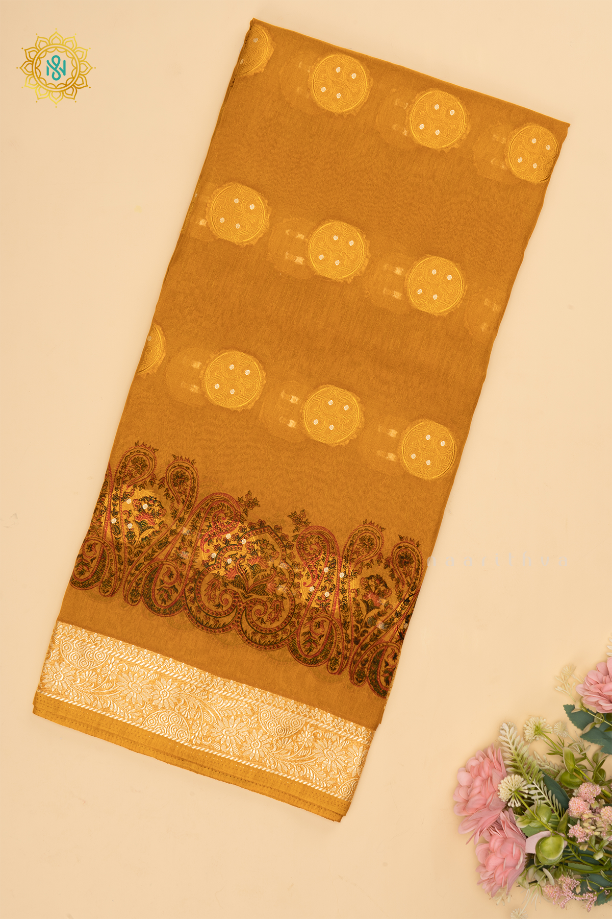 Yellow Semi Georgette Saree With Printed Body And Zari Border