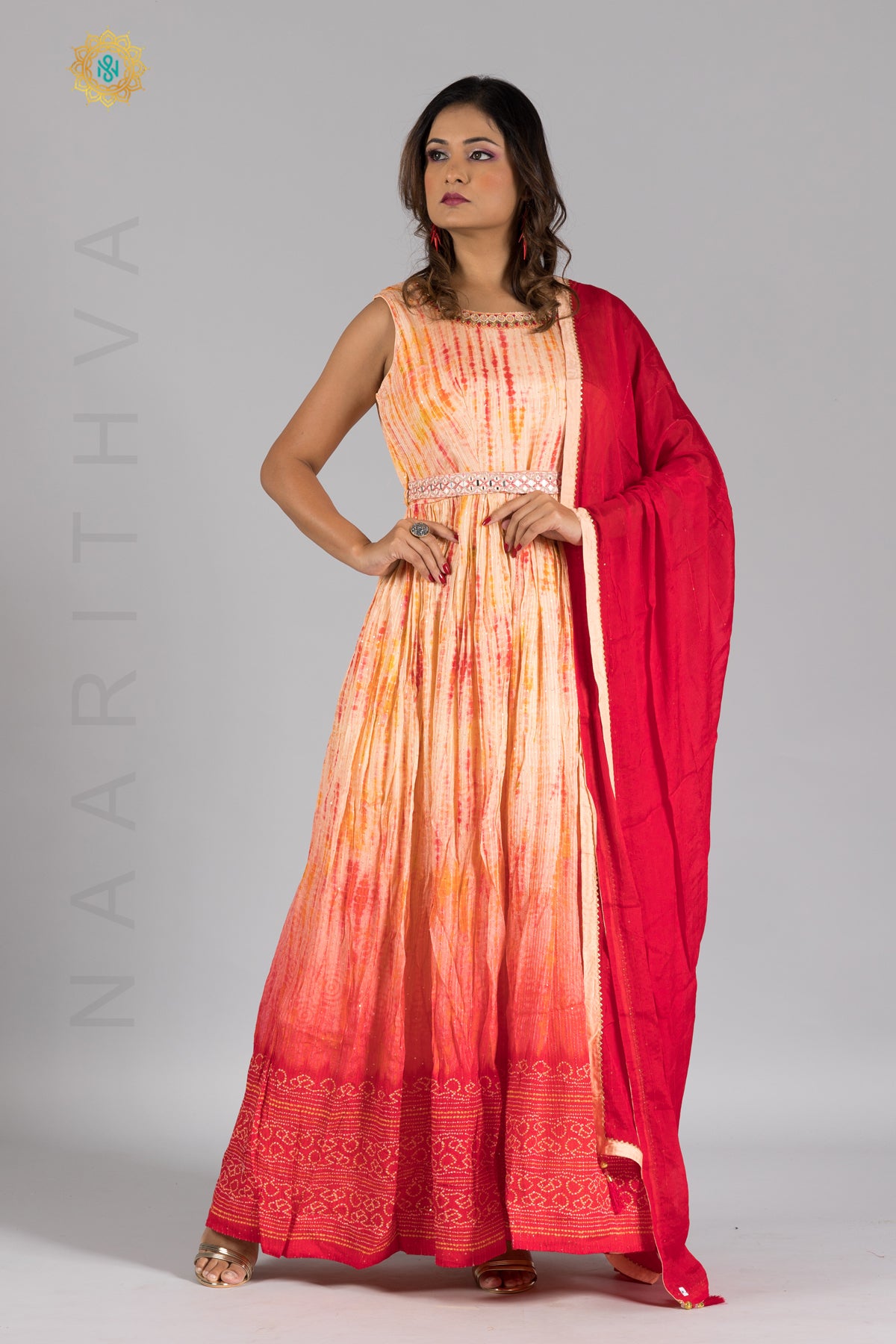 PEACH WITH RED - PARTY WEAR GOWN WITH NECK LINE HAND WORK & DUPATTA