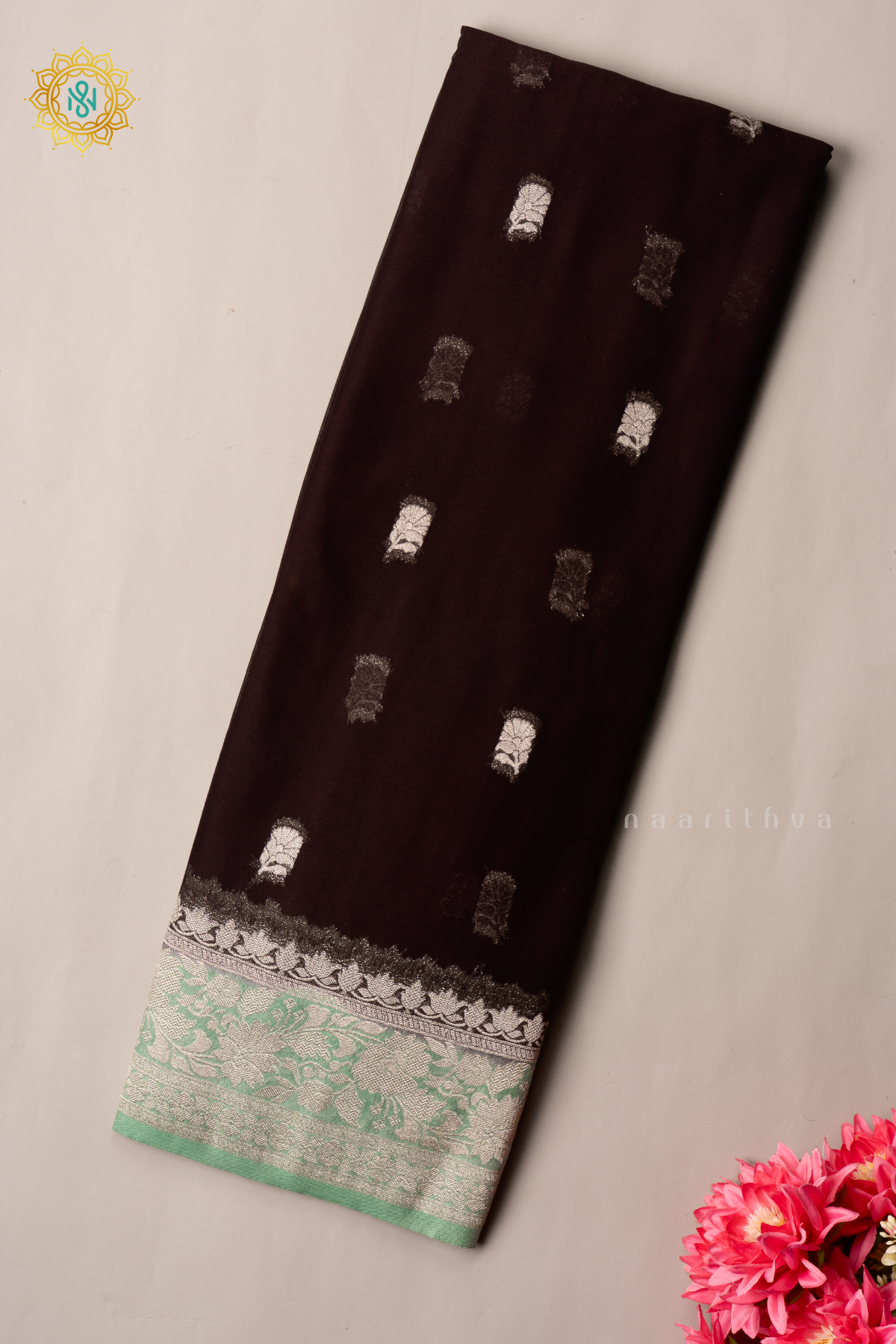 BROWN WITH PISTA GREEN - SEMI CHIFFON BANARASI