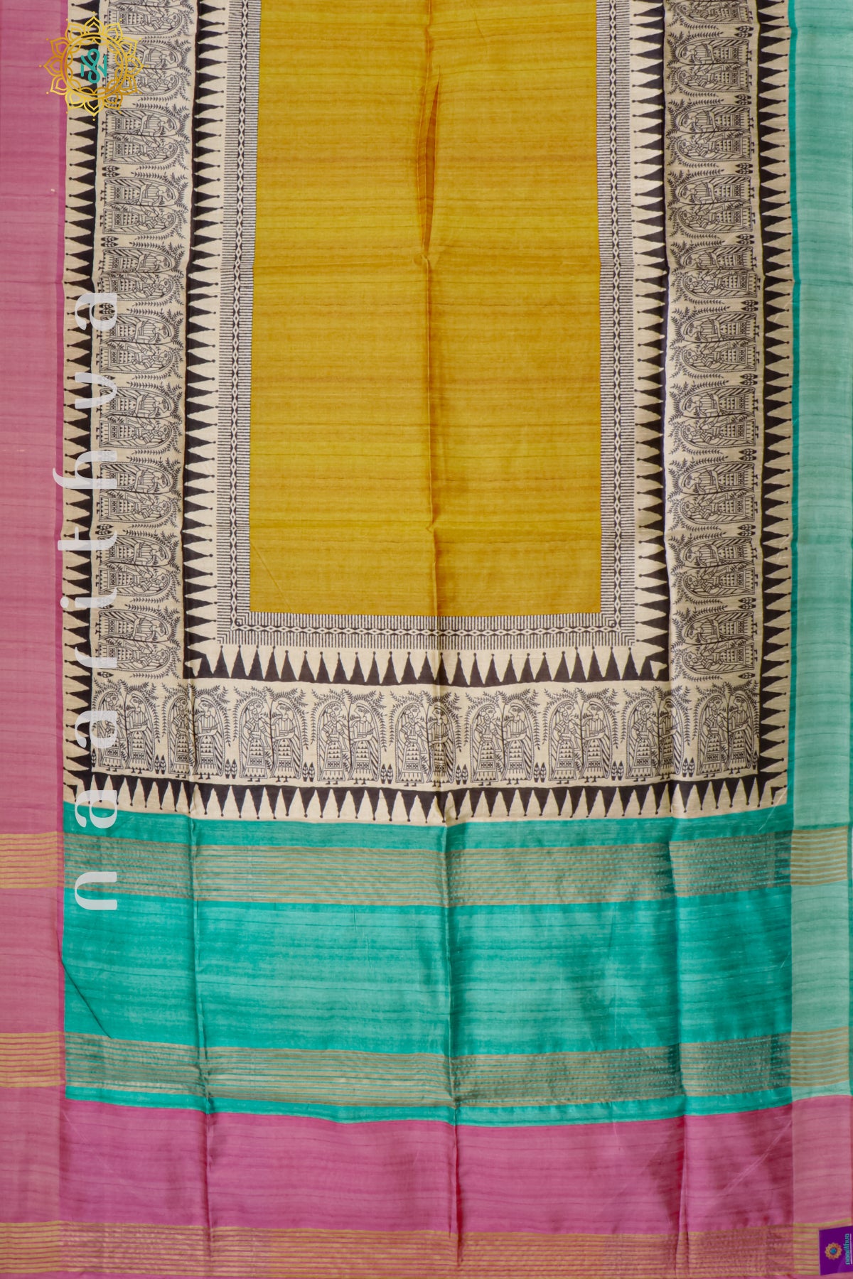 YELLOW WITH PINK & AQUA GREEN - SEMI TUSSAR SILK