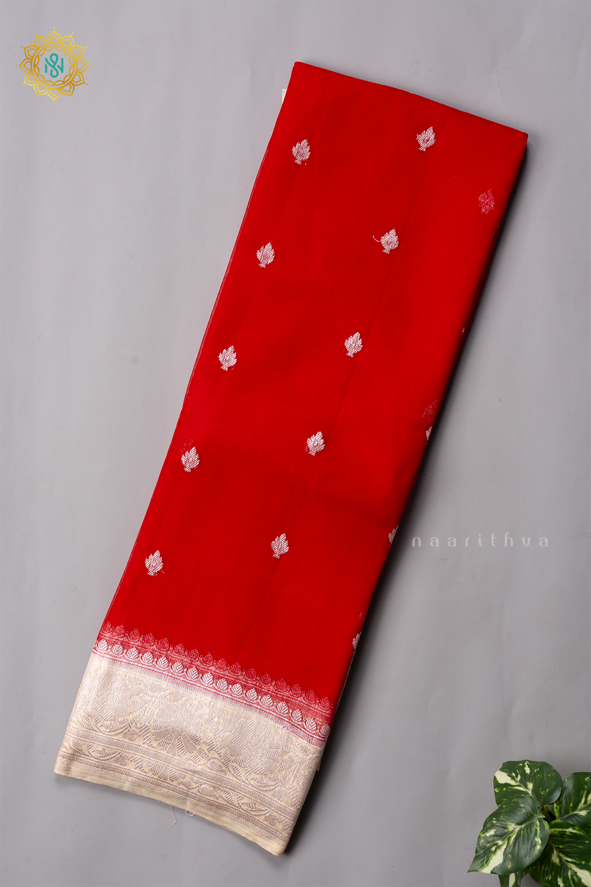 RED WITH OFF WHITE - PURE BANARASI CHIFFON