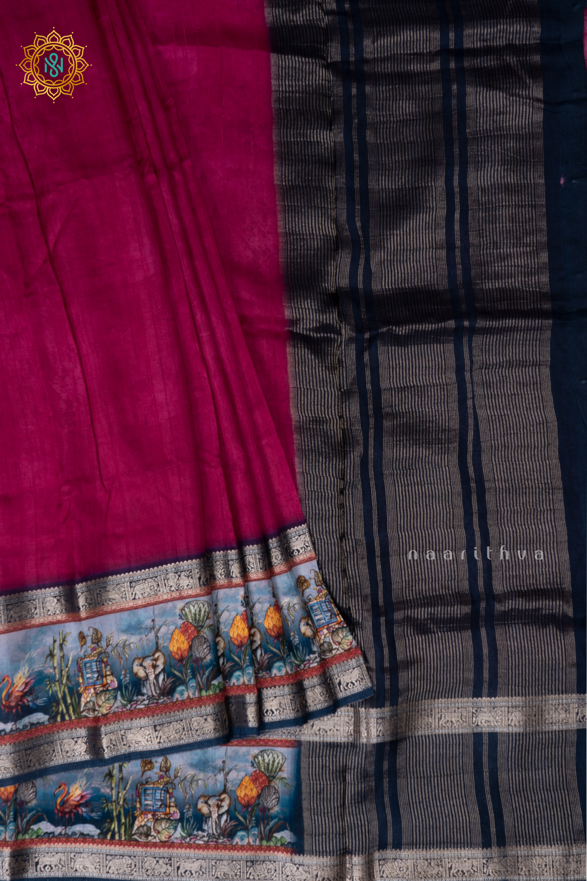 Pink With Blue Printed Semi Crepe Silk With Contrast Border, Pallu