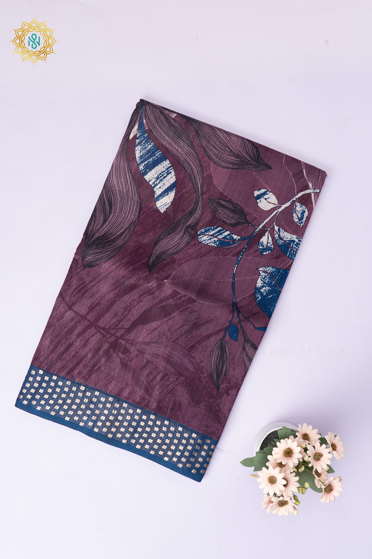 Wine With Blue Semi Cotton Tussar Saree with Printed Body & Contrast Pallu